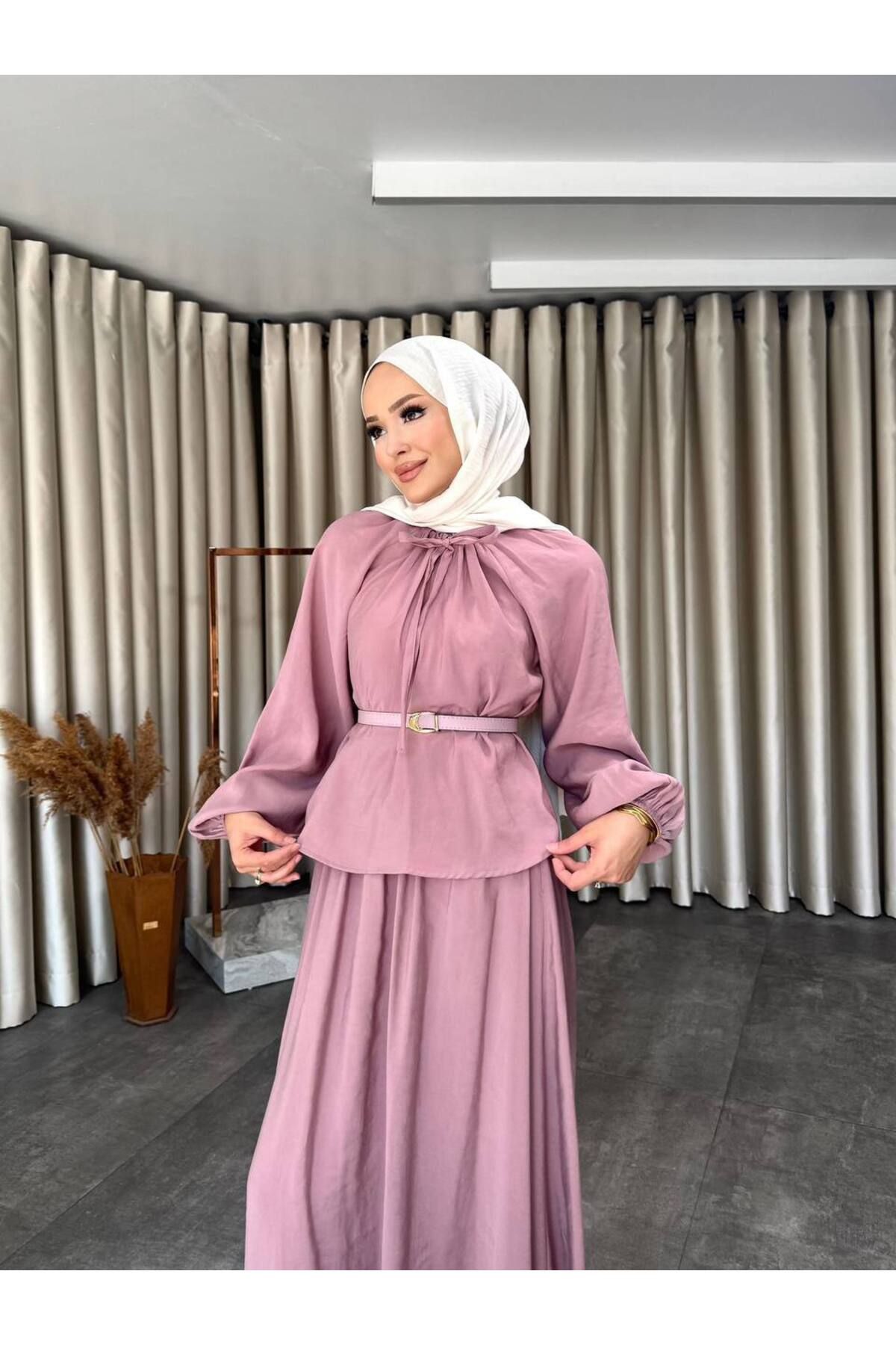 MVK GİYİM Kemerli Etek Gömlek Takım