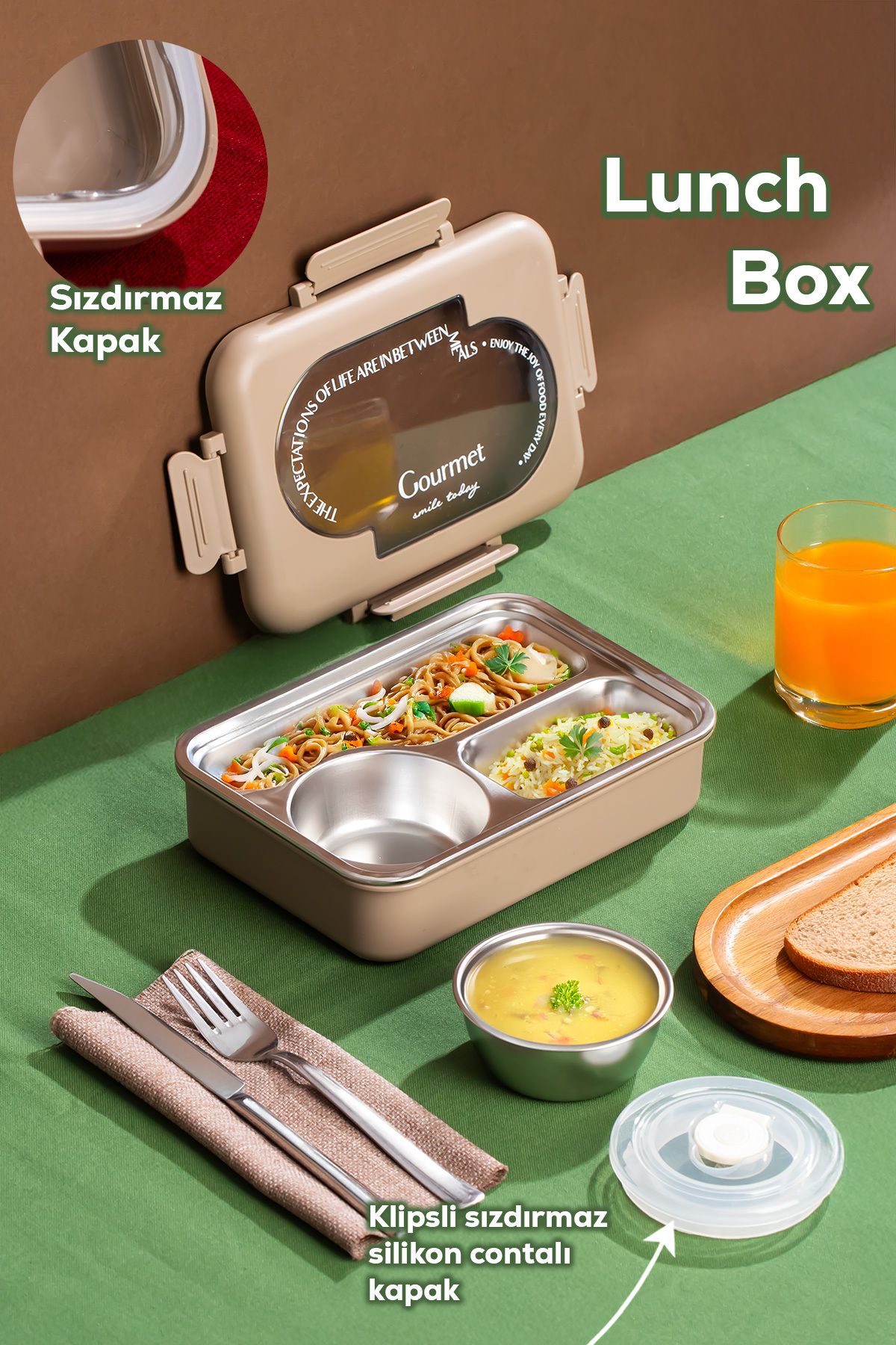 Porsima Paslanmaz Çelik 3 Bölmeli Vakumlu Yemek Termosu Beslenme Kutusu Taşınabilir Lunch Box Sefer Tası