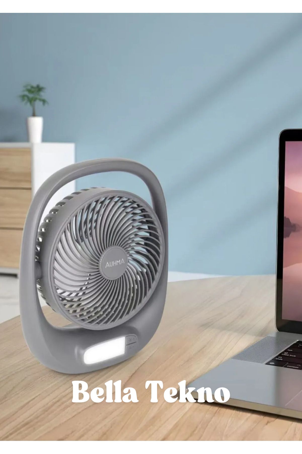 BellaThec Şarjlı LED Işıklı Vantilatör Sessiz 1800 mAh 3 Kademeli Masaüstü Ofis Fan