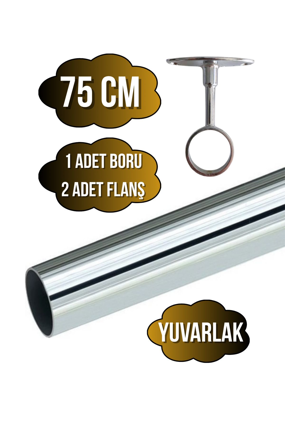 DSYapıAksesuar Metal Yuvarlak Krom Mobilya Dolap Askı Borusu(75CM)(2 ADET AYAKLI AÇIK FLANŞ-1 ADET BORU)(ÇAP:25MM)