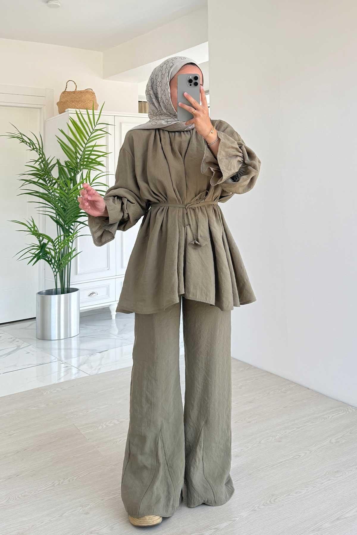 Ka Hijab Belden Bağlamalı Rahat Kesim Takım - Haki