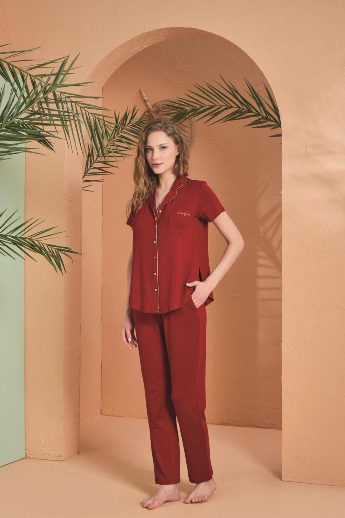 PJS Kadın Bordo Önden Düğmeli Pijama Takımı 27069