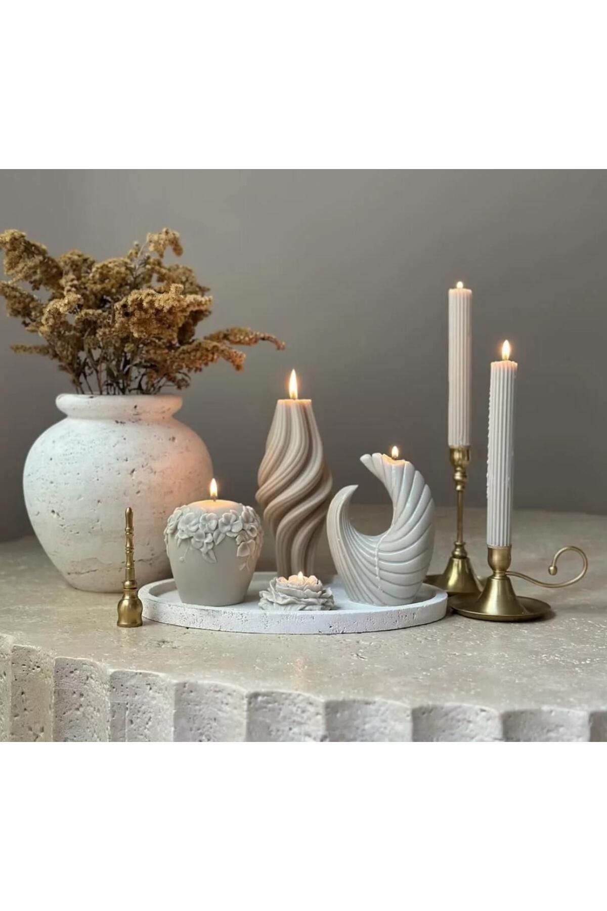 SCA CANDLE Dekoratif Mum Ay+Gül+Marako+Şakaik+Çizgili şamdan mum Toplam 6 Parça