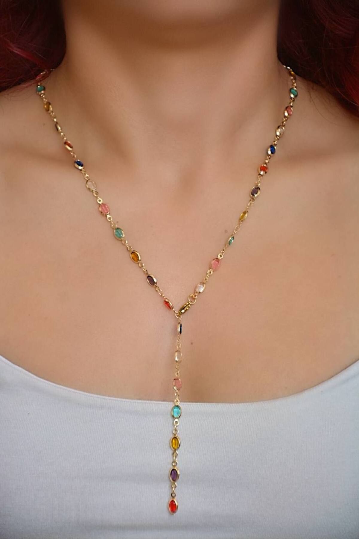 Viona Bijou 316l Çelik Renkli Taşlı Gold Y Kolye