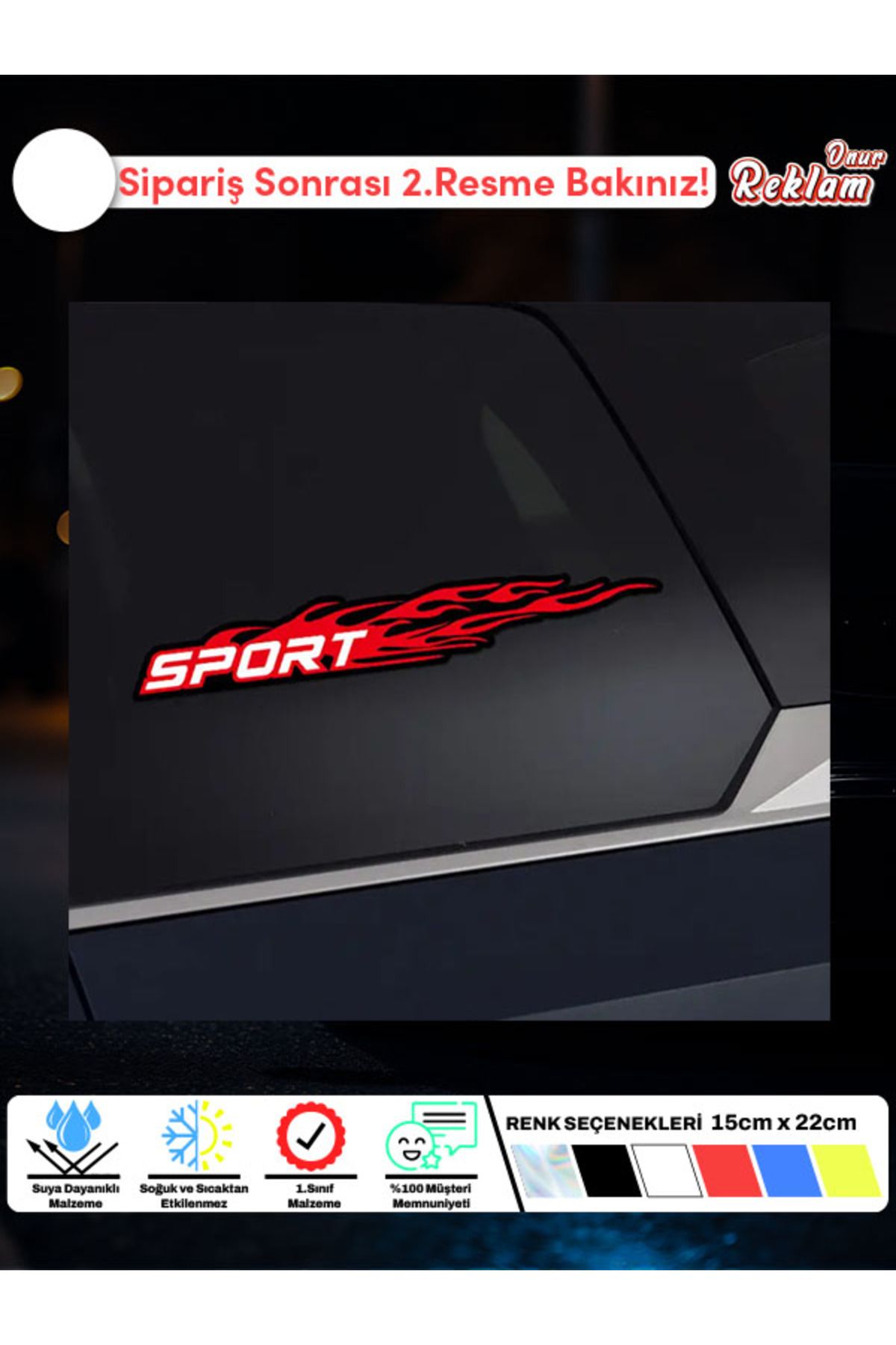 Onur Reklam Alev Desenli SPORT Araba Stickerı – Suya Dayanıklı Vinil (15×22 cm)