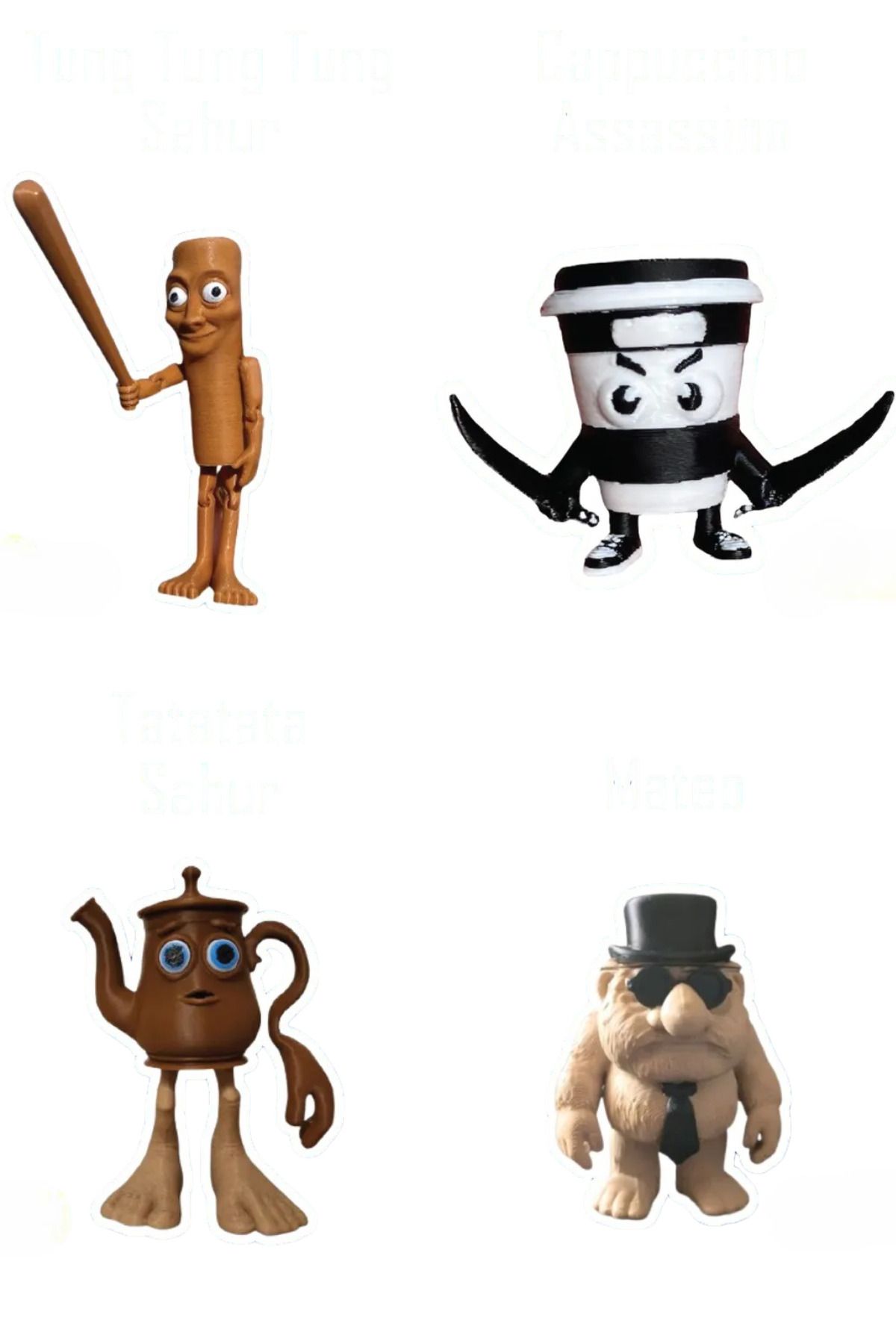 3DLAYERCRAFT 4'lü Set Brainrot Figür Tung Tung Tung Sahur, Cappucino Assossino, Tatata Sahur, Matteo Figür 10 cm