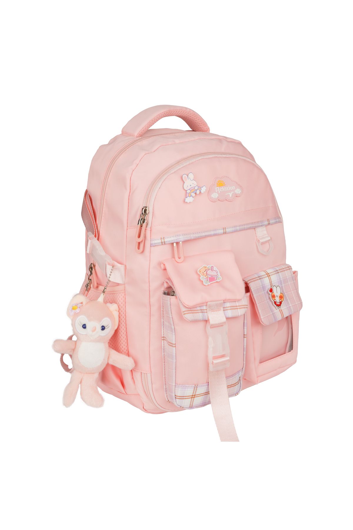 nacar çarşı Kız Çocuk Pembe Kore Tarzı Kawaii İlkokul Ortaokul Sırt Çantası – Ekstra Cepli, Peluş Anahtarlık