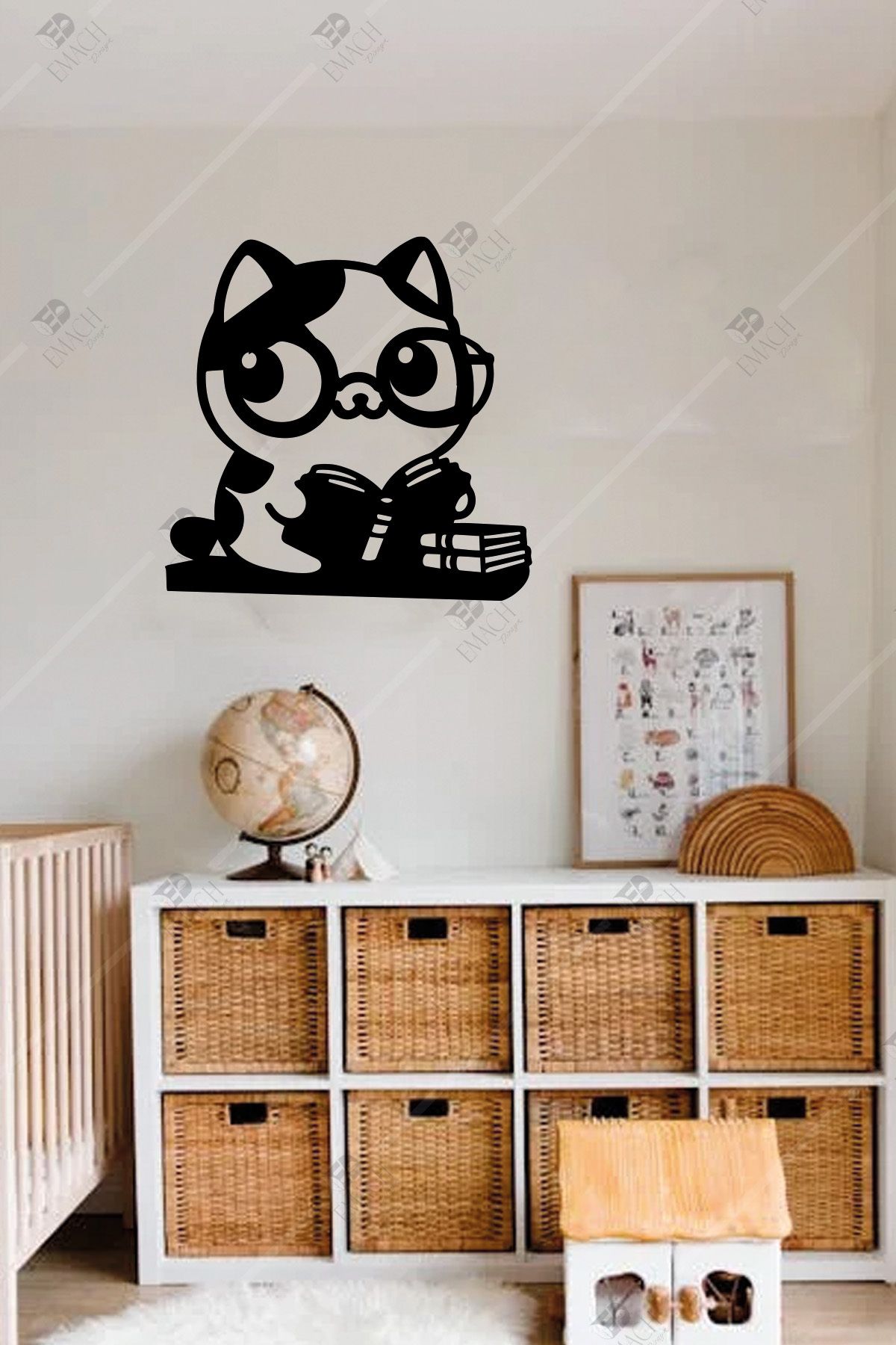 Emach Dizayn Kitap Okuyan Kedi Çocuk Odası Ahşap Duvar Dekoru