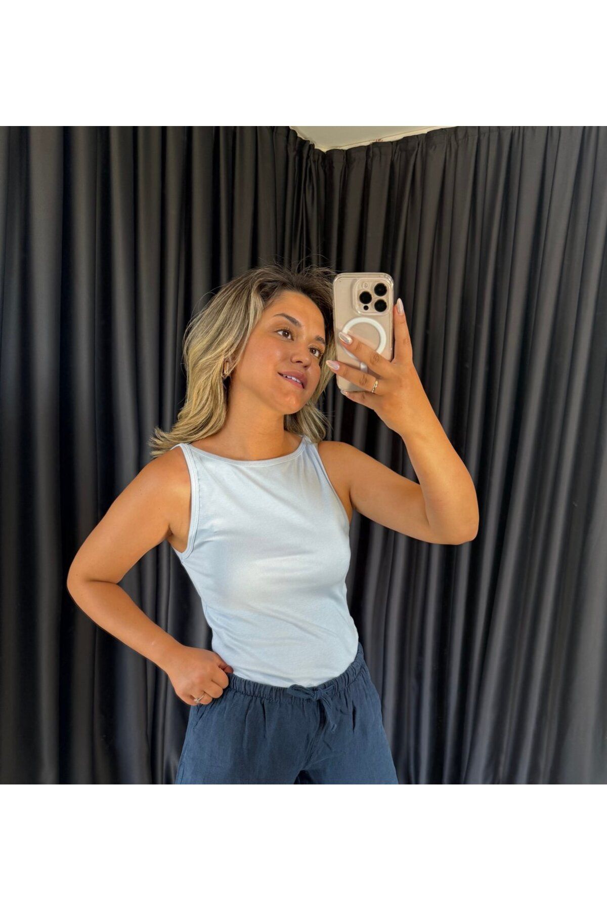 BÜŞRA PERKER 21048 Açık Mavi Halter Yaka Top