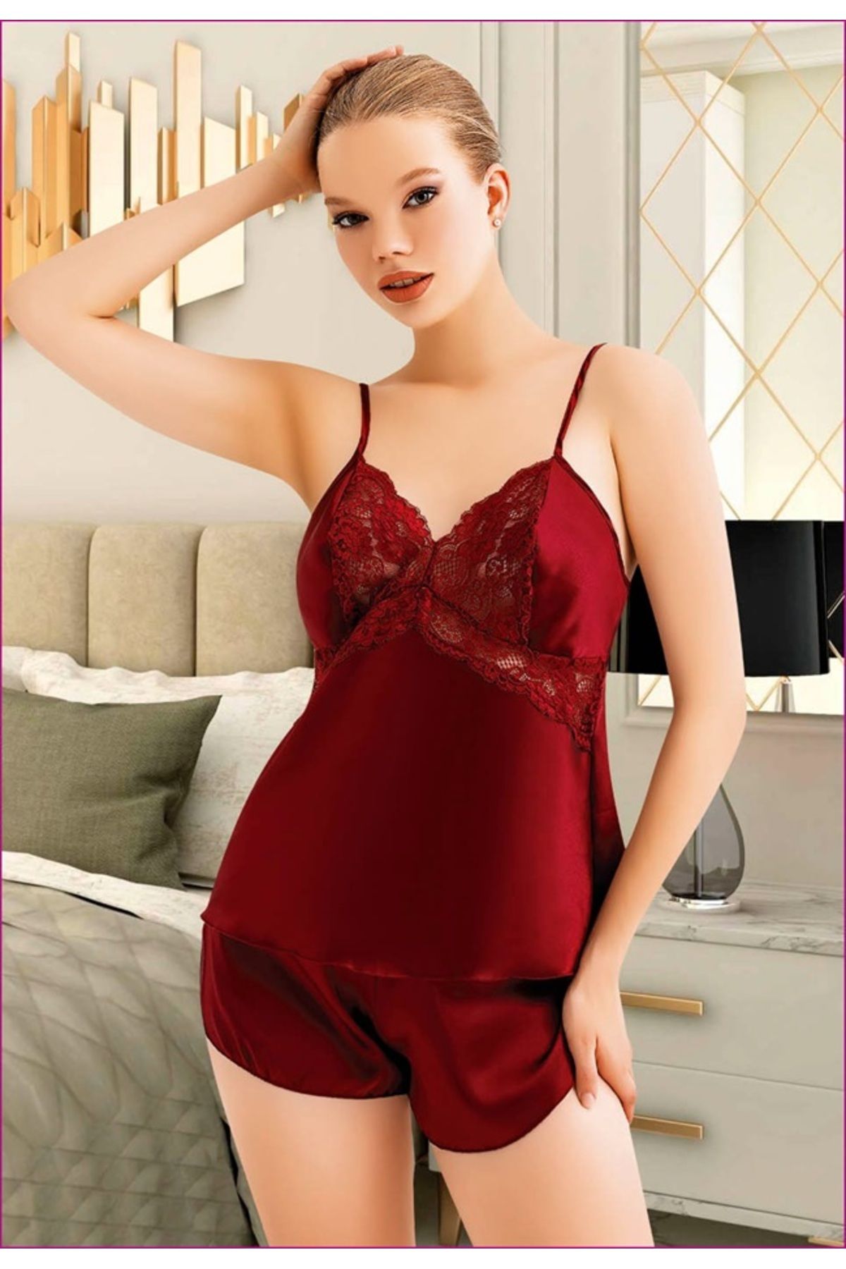 Modus Vivendi Saten Bordo Askılı Kadın Şort Pijama Takımı