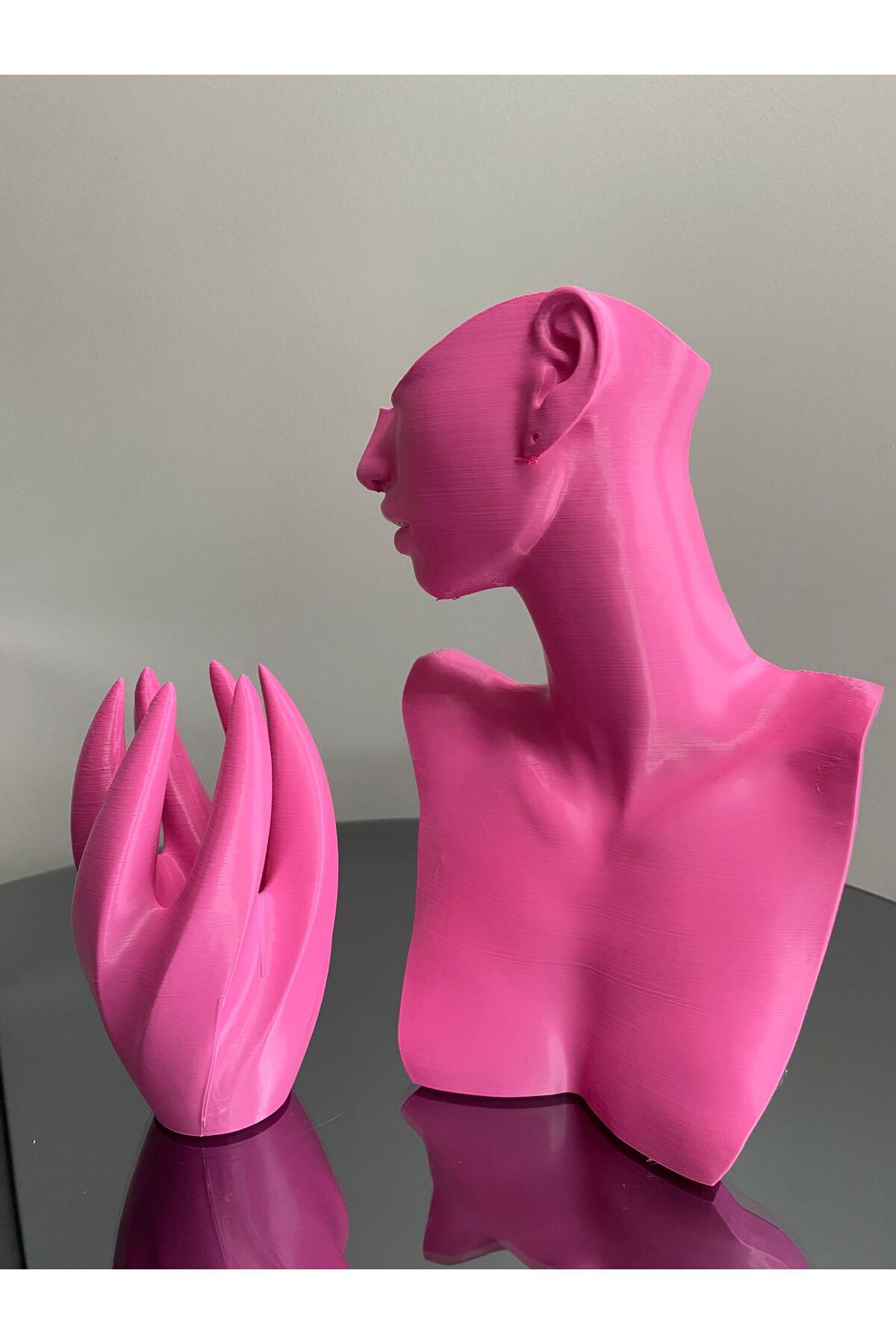 Goplast Premium Pembe Renk Dekoratif Takı Mankeni ve El 2'li Set Takı Teşhir Standı 21 Cm Takı Organizeri Küpe Kolye