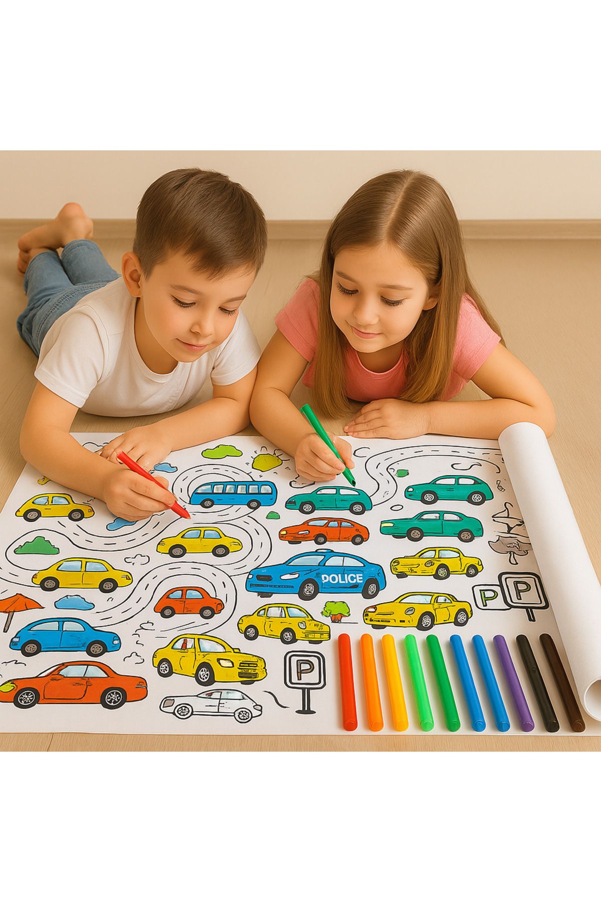 WeSank 🚗 2 Metre Dev Araba Temalı Boyama Kağıdı + 12’li Keçeli Kalem Seti – Objehouse