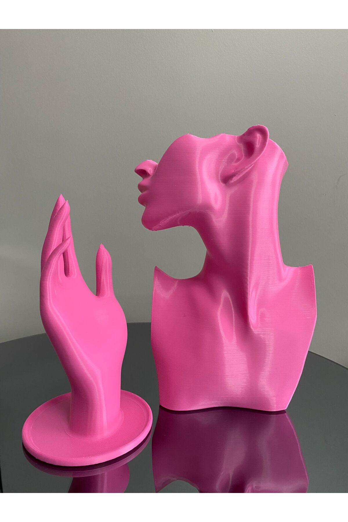 Goplast Premium Pembe Renk Dekoratif Takı Mankeni ve El 2'li Set Takı Teşhir Standı 23 ve 18 Cm Takı Organizeri Küpe