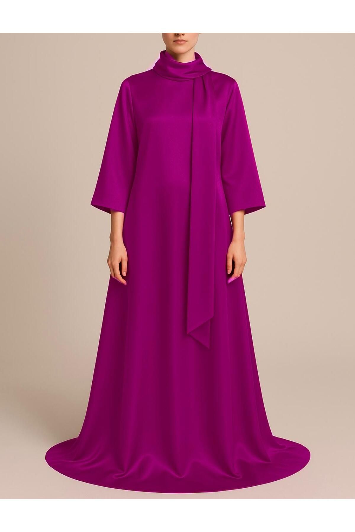 UNTIMELY Seyyar Kuşak Detaylı Koyu Fuşya Saten Oversize Maxi Abaya Elbise