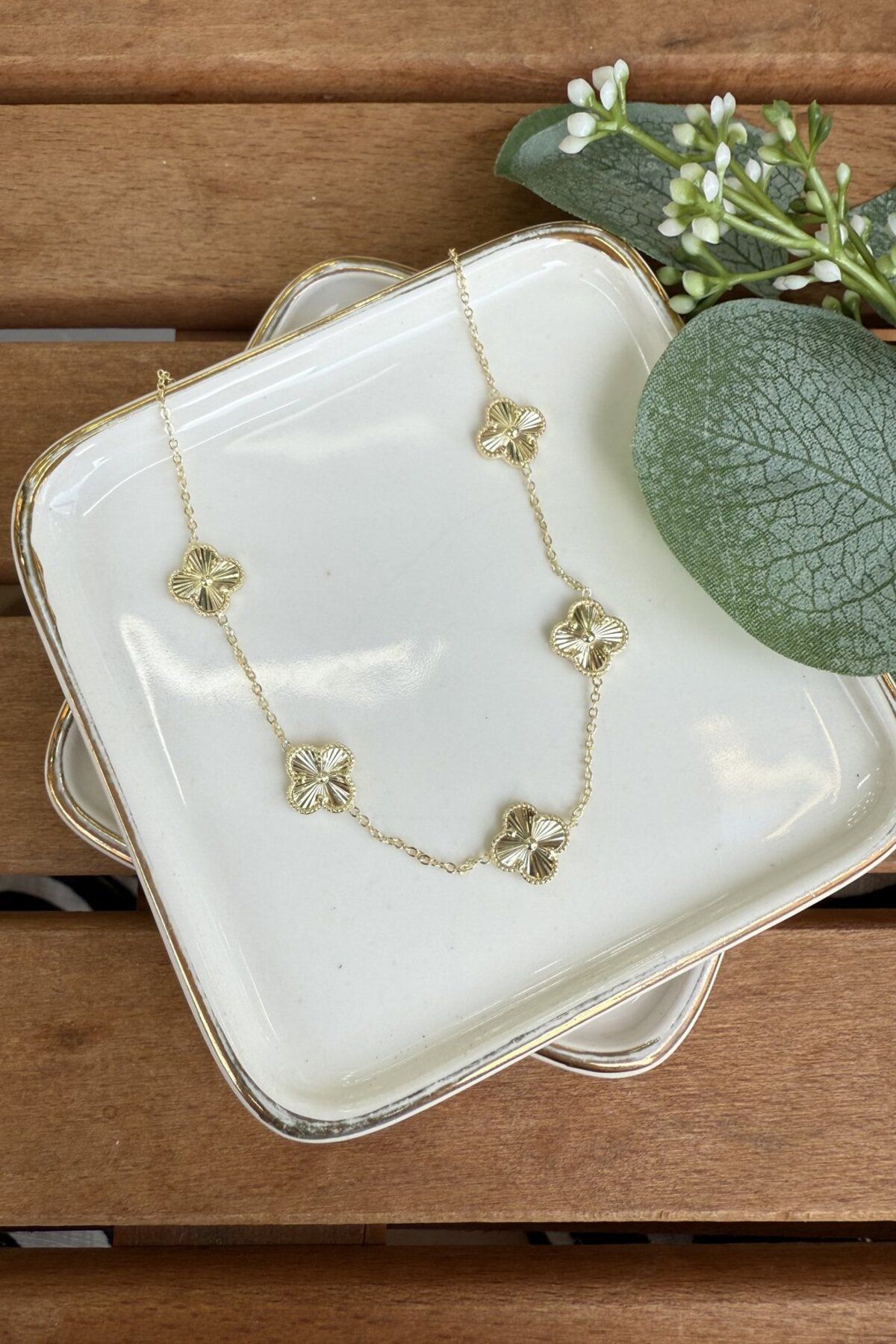 My Joyas Design 14K Altın Kaplama 5'li Yonca Kolye Gold 48cm
