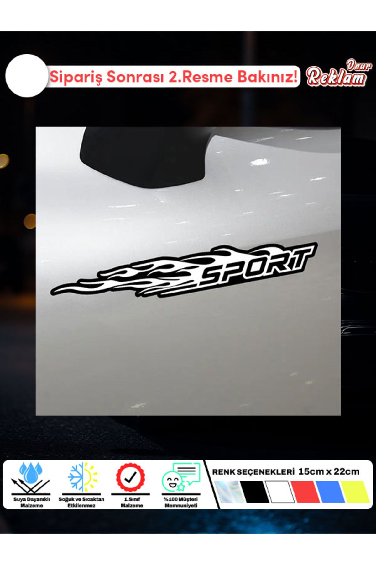 Onur Reklam Alev Desenli SPORT Araba Stickerı – Suya Dayanıklı Vinil (15×22 cm)