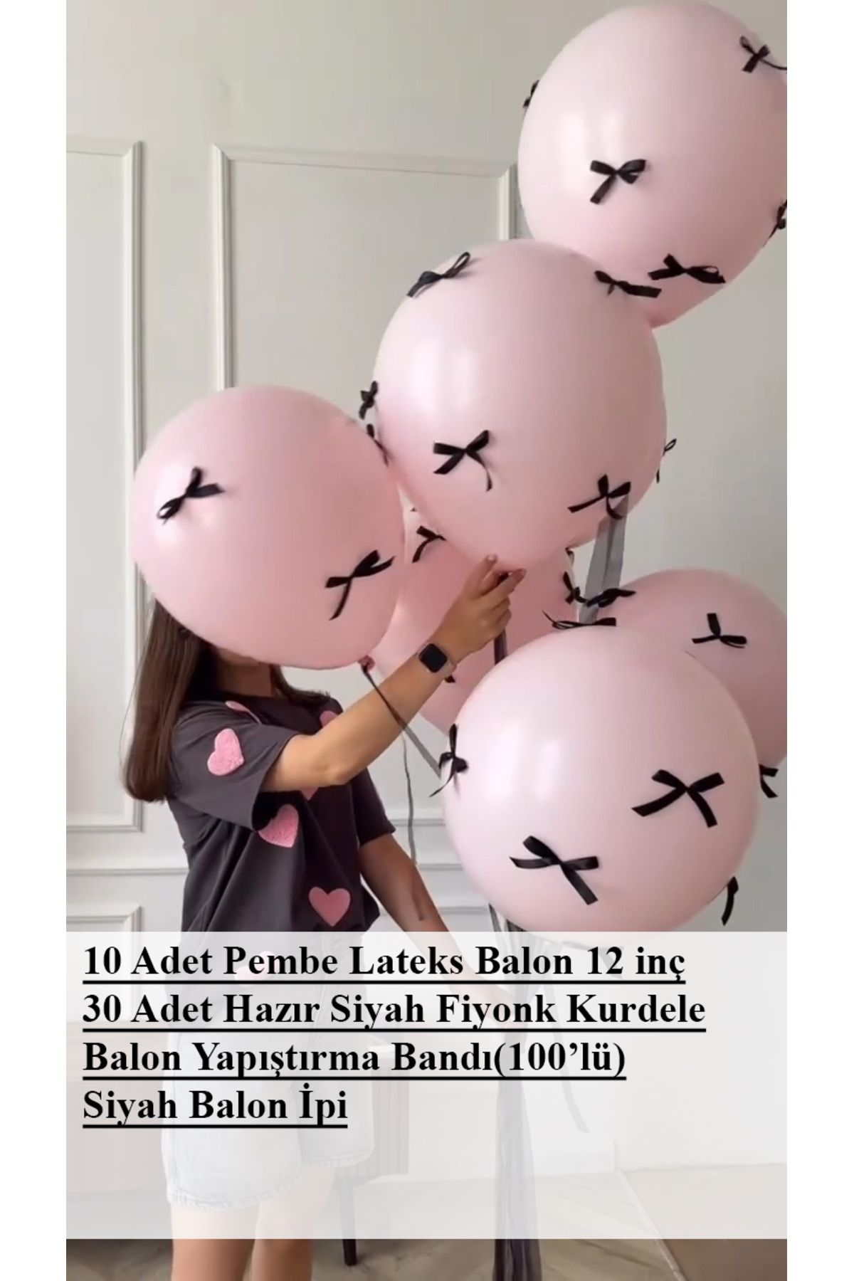 PartyPoo Siyah Fiyonk Kurdeleli Pembe Balon Seti 10 Adet- Doğum Günü Seti, Fiyonklu Balon, Kurdeleli Balon
