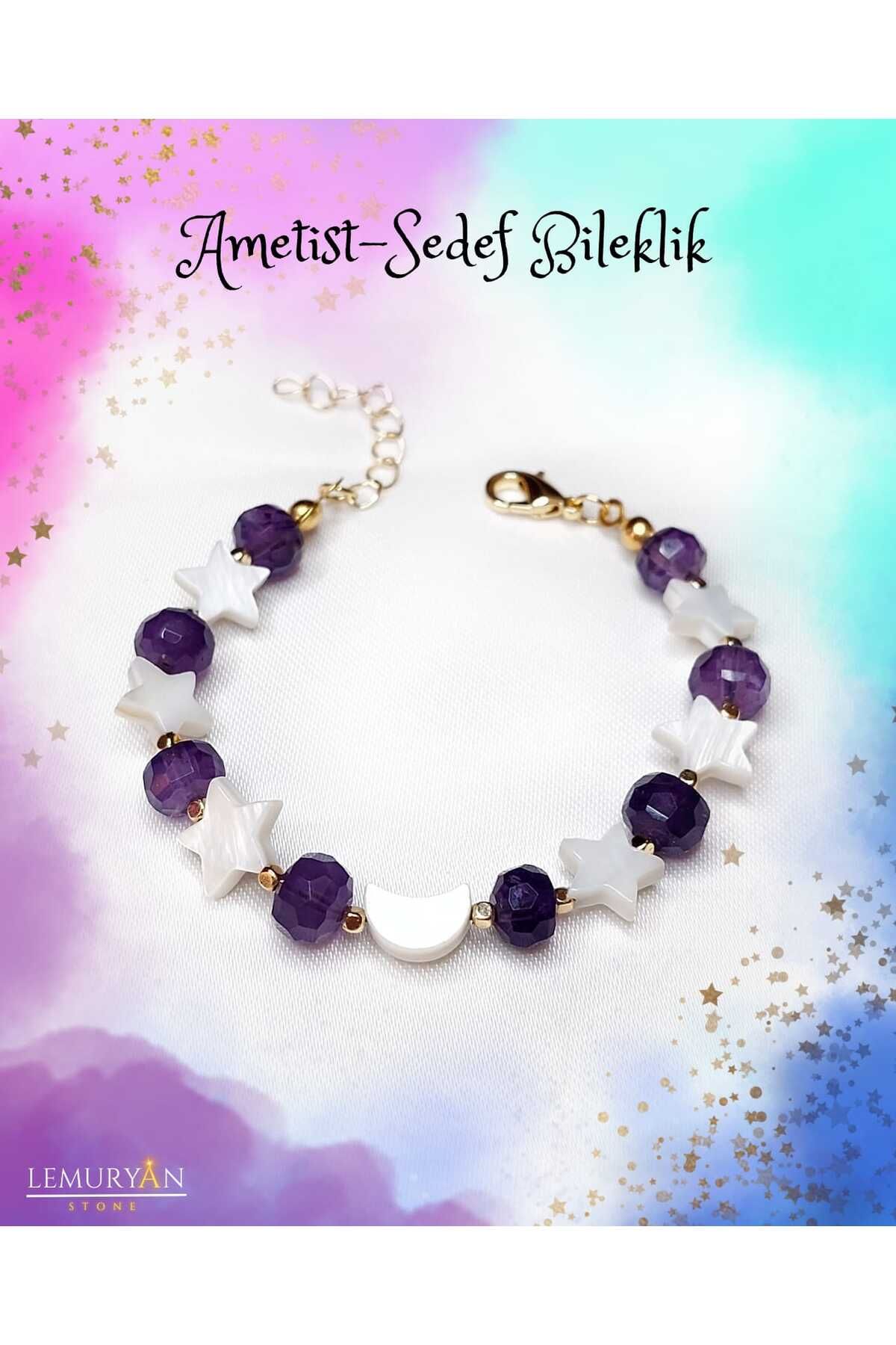 Herkimer Doğal Taş Ametist & Ay - Yıldız Tasarım Bileklik