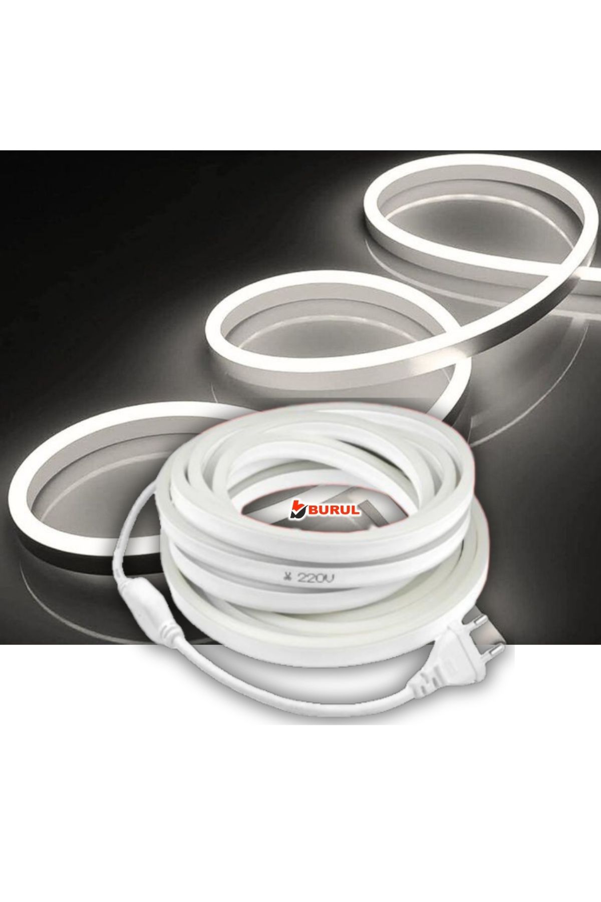 burul SB-6509 3 Metre Beyaz Işık Neon Led Şerit Dış Mekan Silikonlu Esnek Dekoratif Aydınlatma 220v Fişli