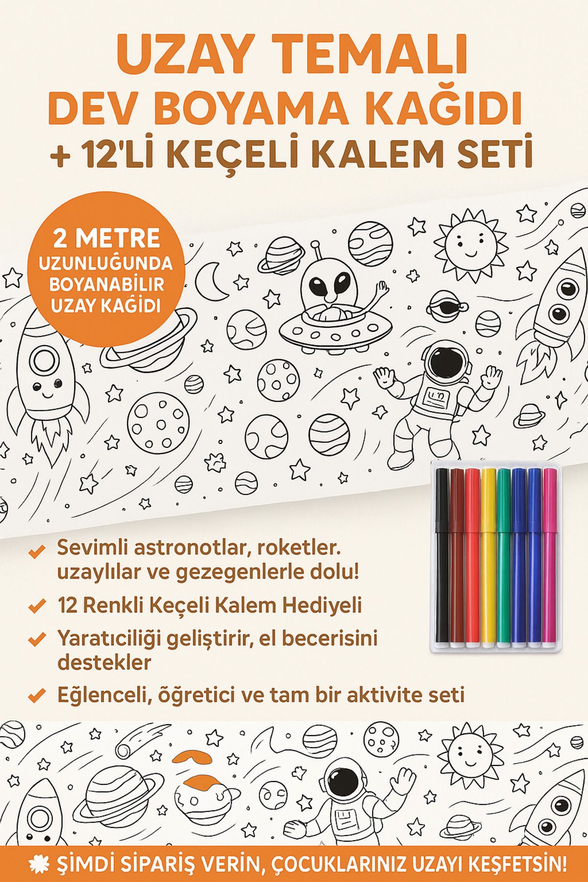 WeSank 🚀 Uzay Temalı Dev Boyama Kağıdı + 12'li Keçeli Kalem Seti 🌈