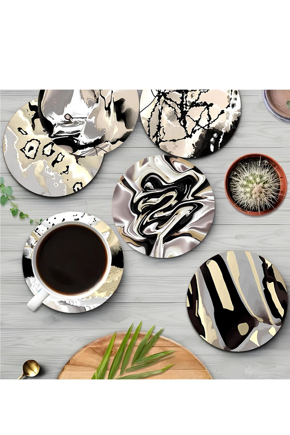 kutuTR 🖤 Soyut Desenli MDF Altılı Bardak Altlığı Seti BRD-027