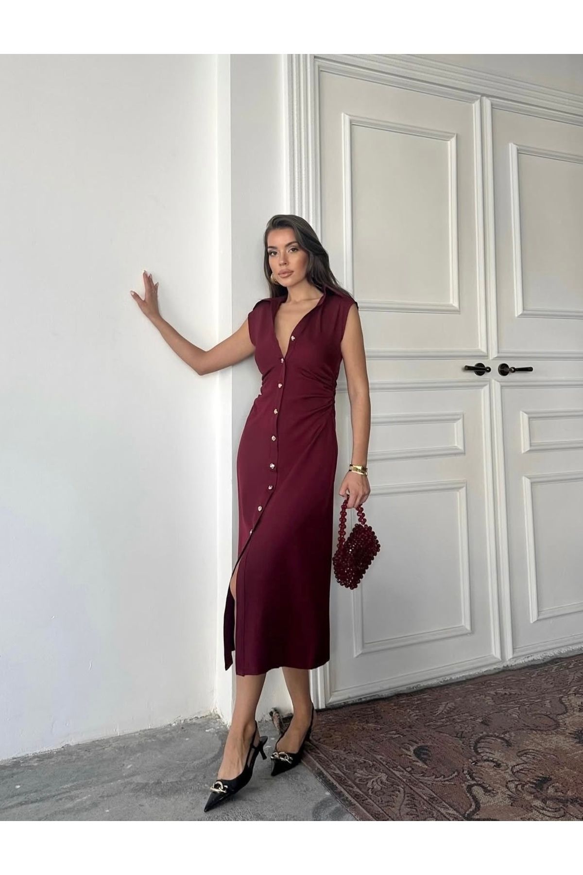 Afiş Butik Bordo Önden Düğmeli Sıfır Kol Midi Elbise