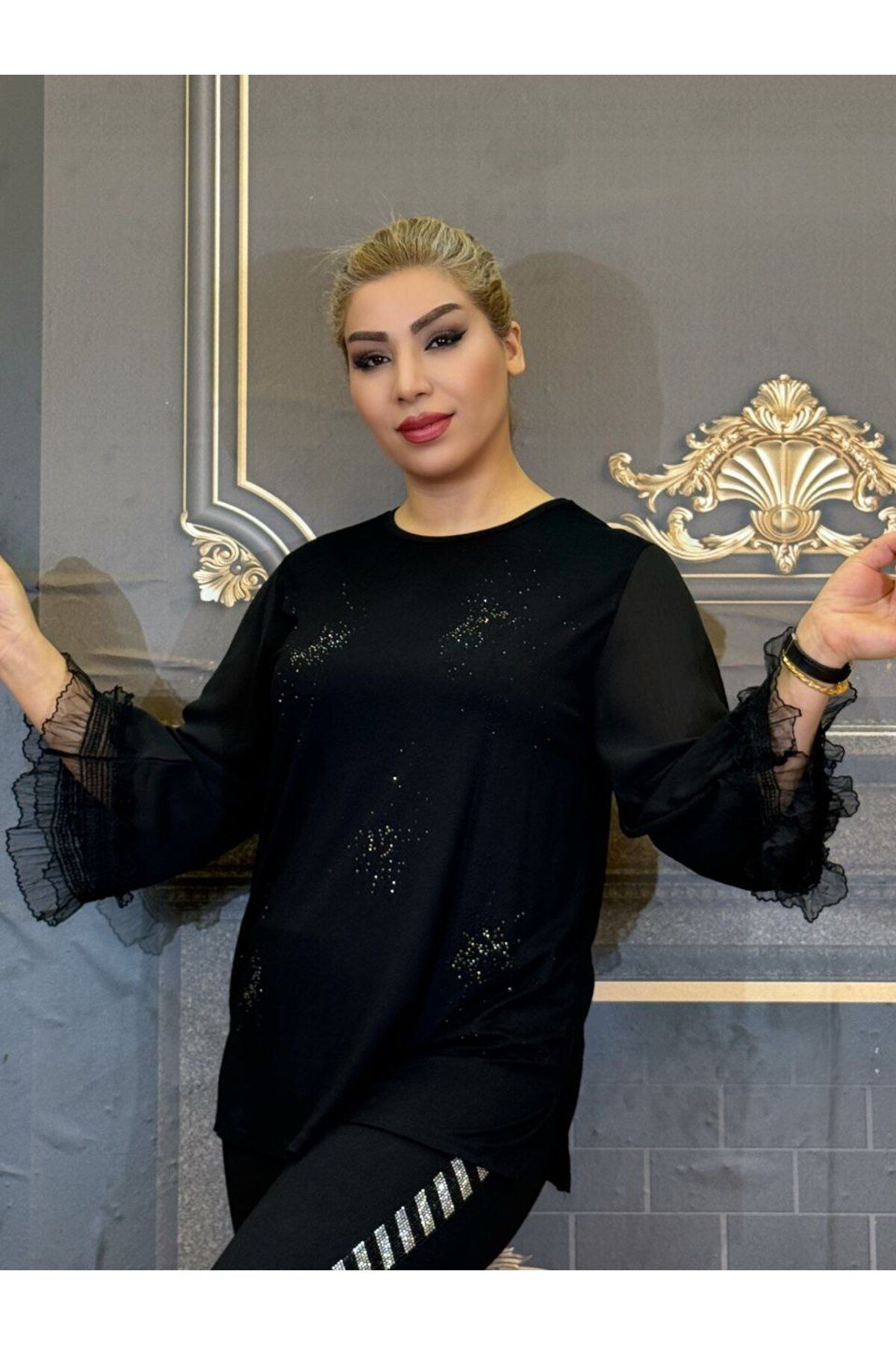 Yeşilmoda Abiye bluz Penye pamuklu Sıfır yaka koll Şifon kısa yırtmaçlı likrali işlemeli