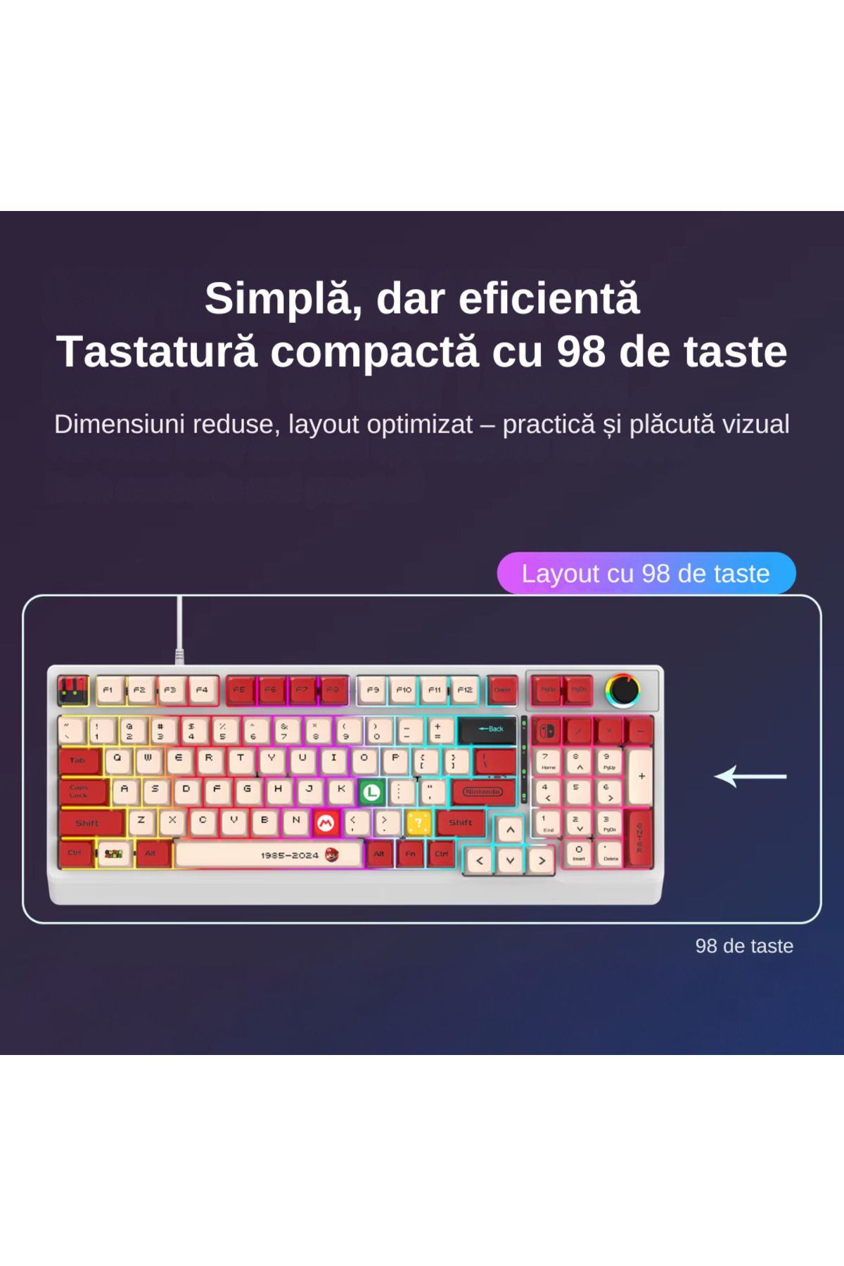 LUDORA-Mechanical Gaming Keyboard, Rainbow RGB Lighting, USB Cable, Mechanical Switch, 98 Buttons 10