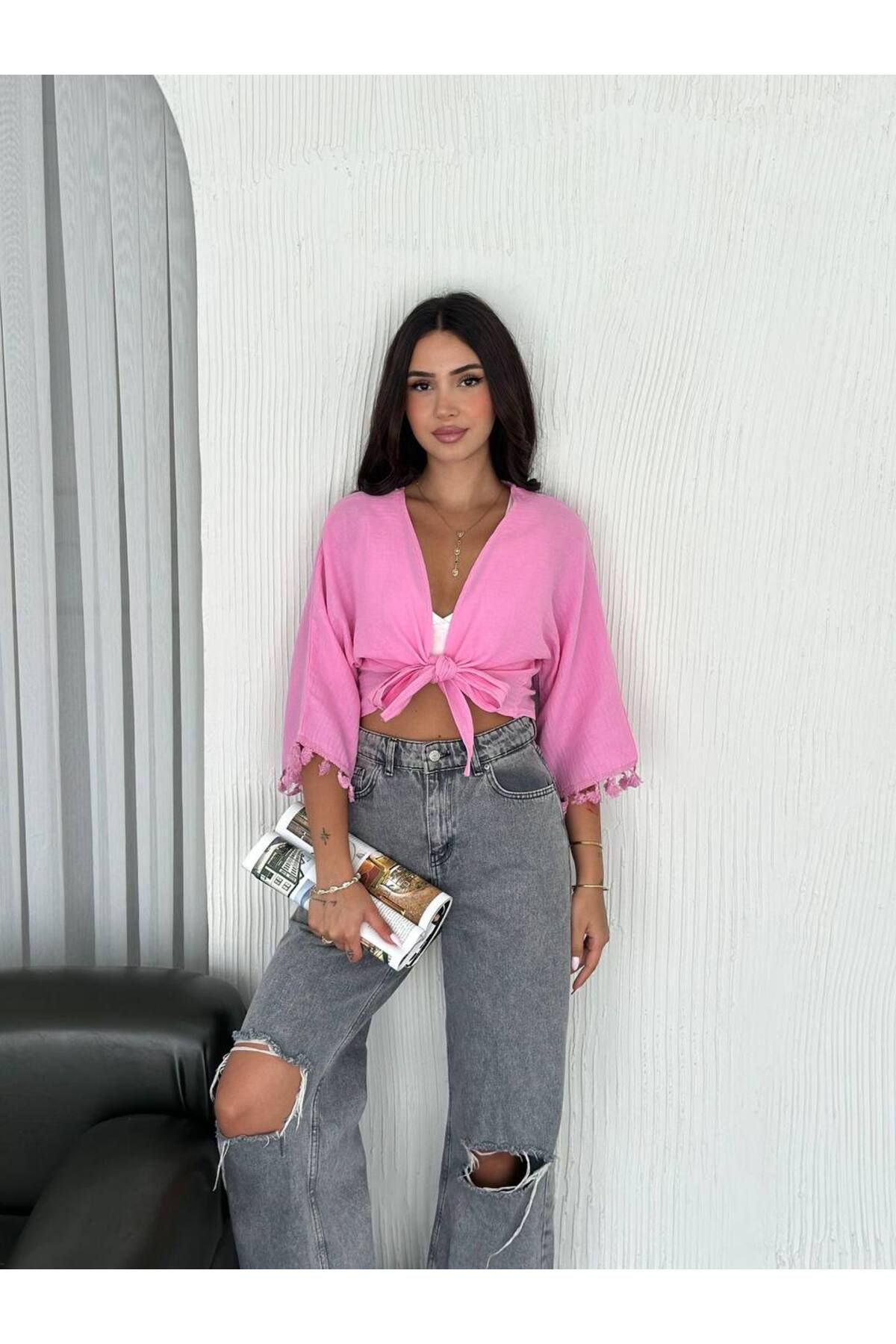 Noa Noa Kol Püsküllü Müslin Kumaş Kimono Hırka