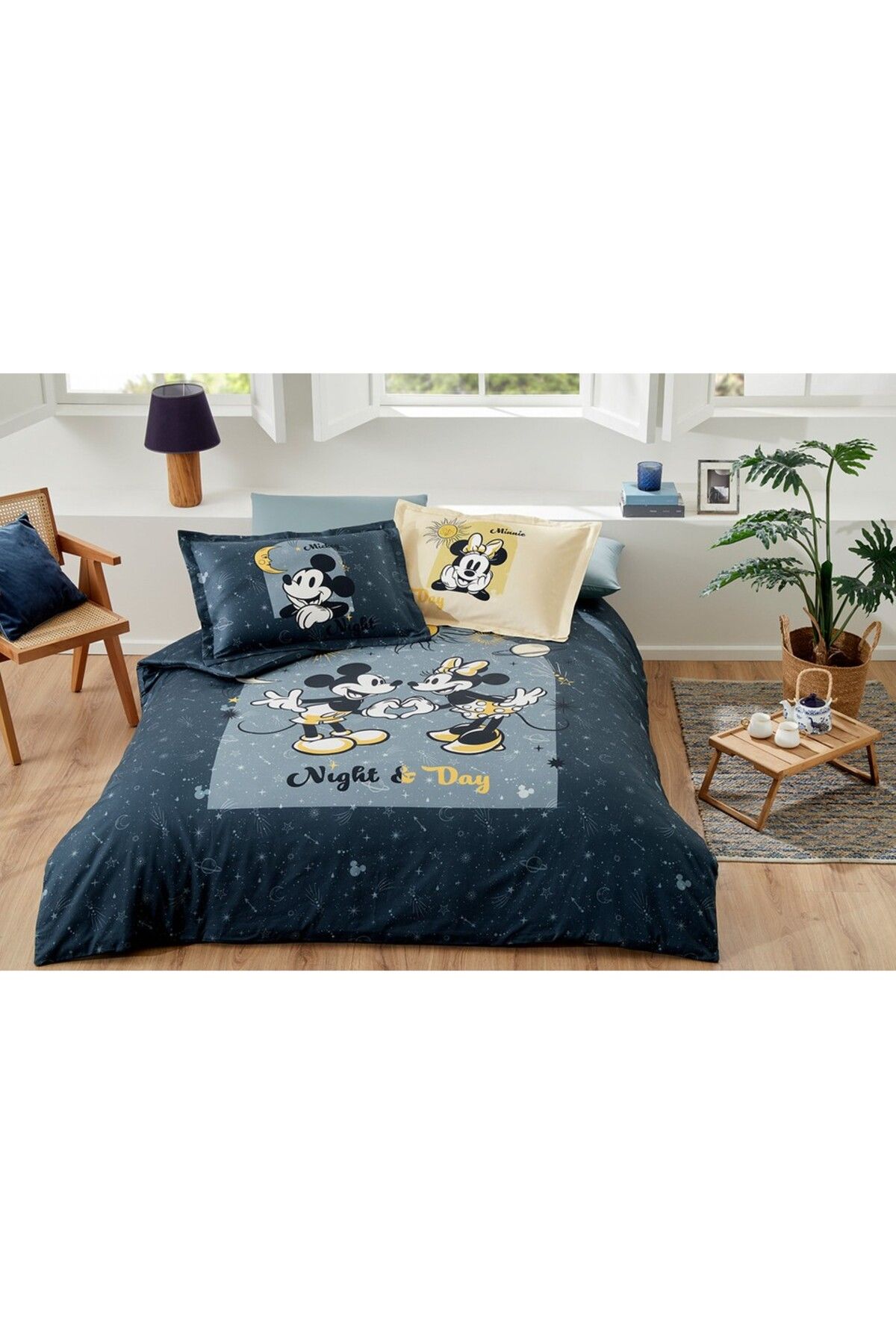 Özdilek Özdilek Mickey & Minnie Day Mavi Çift Kişilik Disney Lisanslı Lastikli Çarşaf Nevresim Takımı
