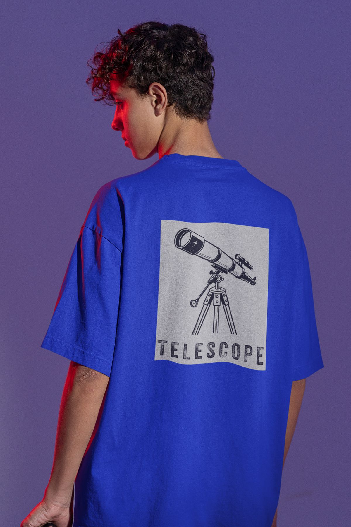 Uniquetex NUBENSE / TELAS-10 - Oversize Unisex Teleskop Baskılı Sax Mavi Bisiklet Yaka T-shirt (Bilim Tişört)