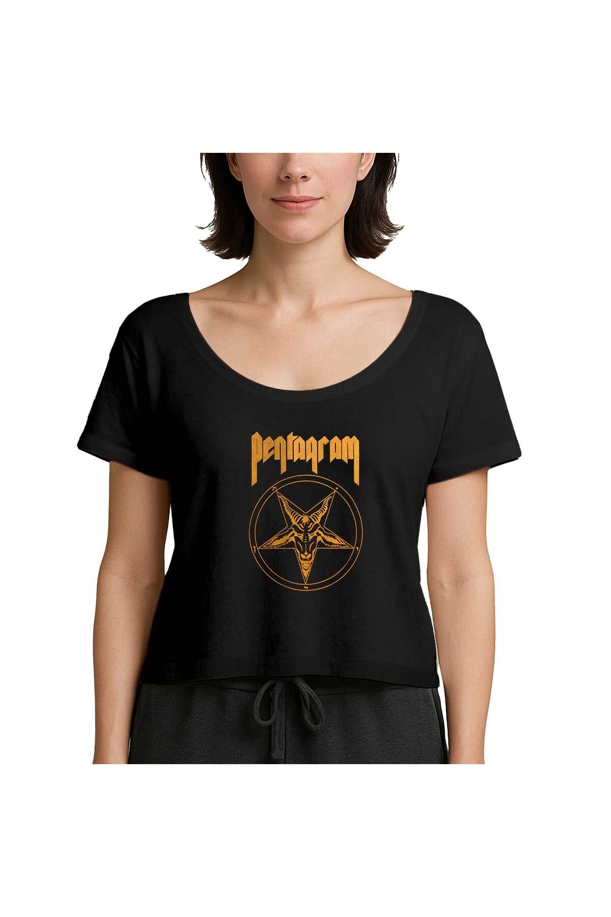 Z zepplin Pentagam Logo and Text 3 Siyah Kadın Tişört