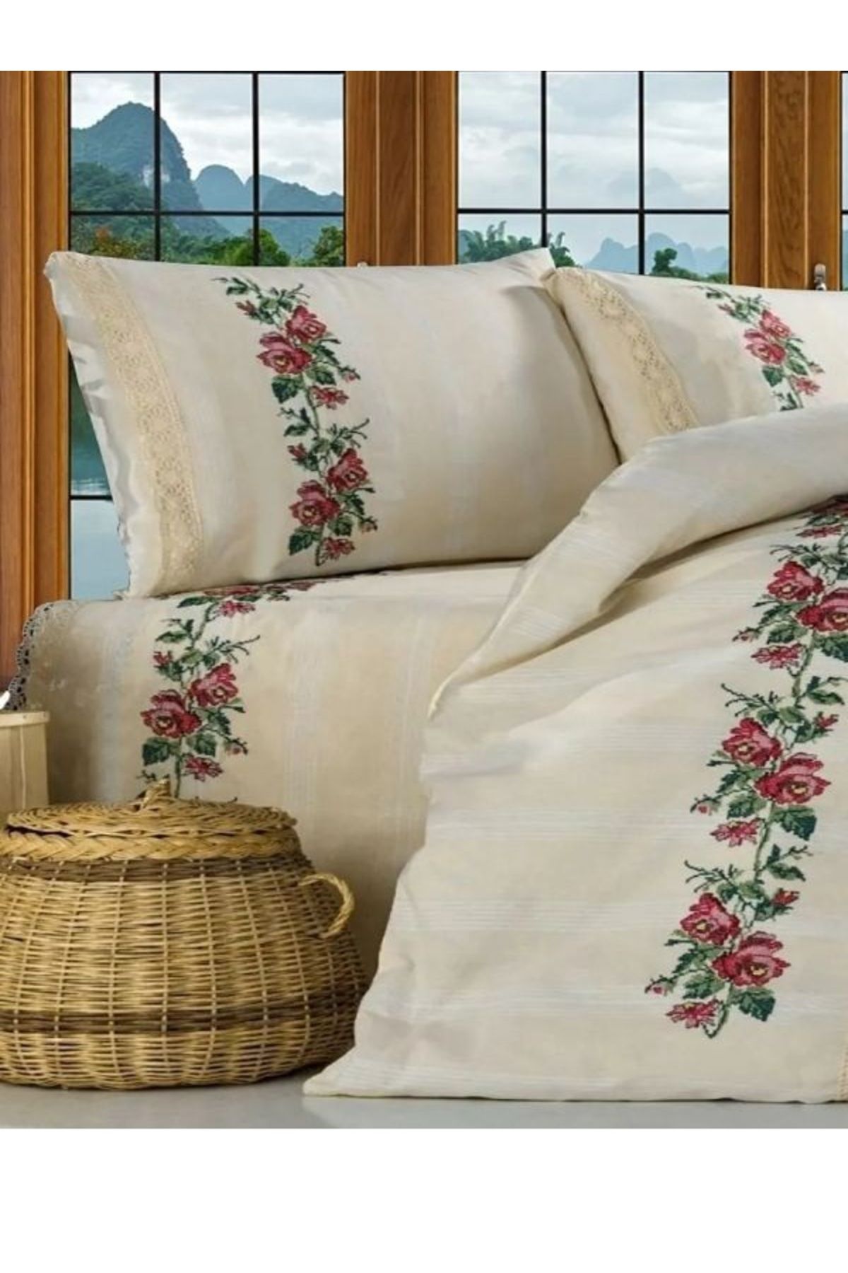 VİLERA HOME ORGANİK PAMUKLU NOSTALJİK KANAVİÇE ÇİFT KİŞİLİK İNEVRESİM TAKIMI