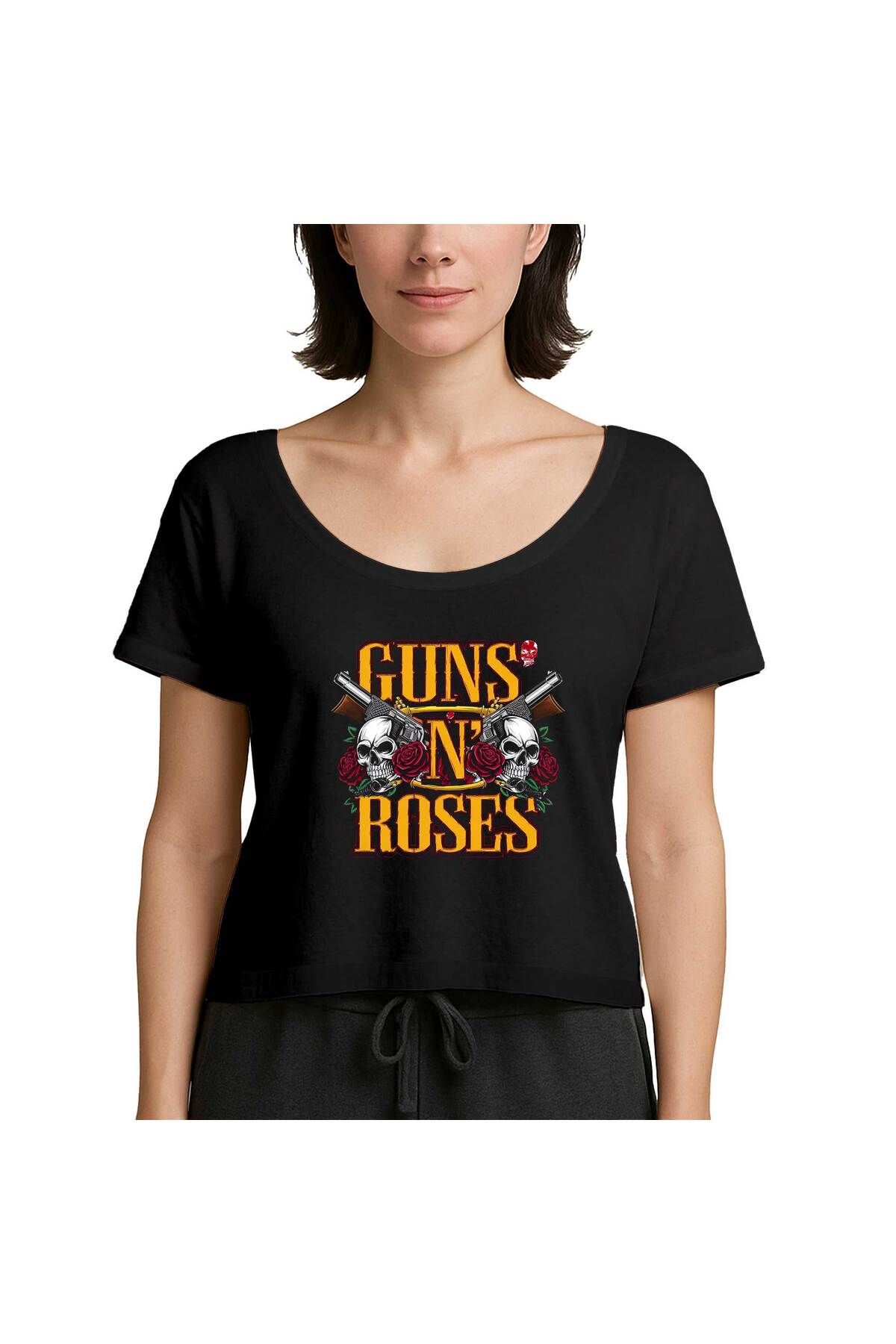 Z zepplin Guns N Roses Text Skull Siyah Kadın Tişört