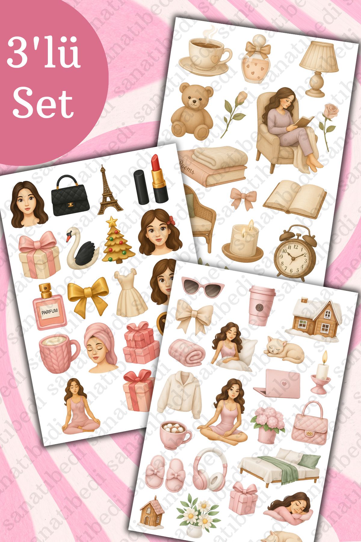 sanatıbedi 3'lü Clean Girl Sticker - Laptop Tablet Ajanda Journal Telefon Motor Kask için Suya Dayanıklı Etiket