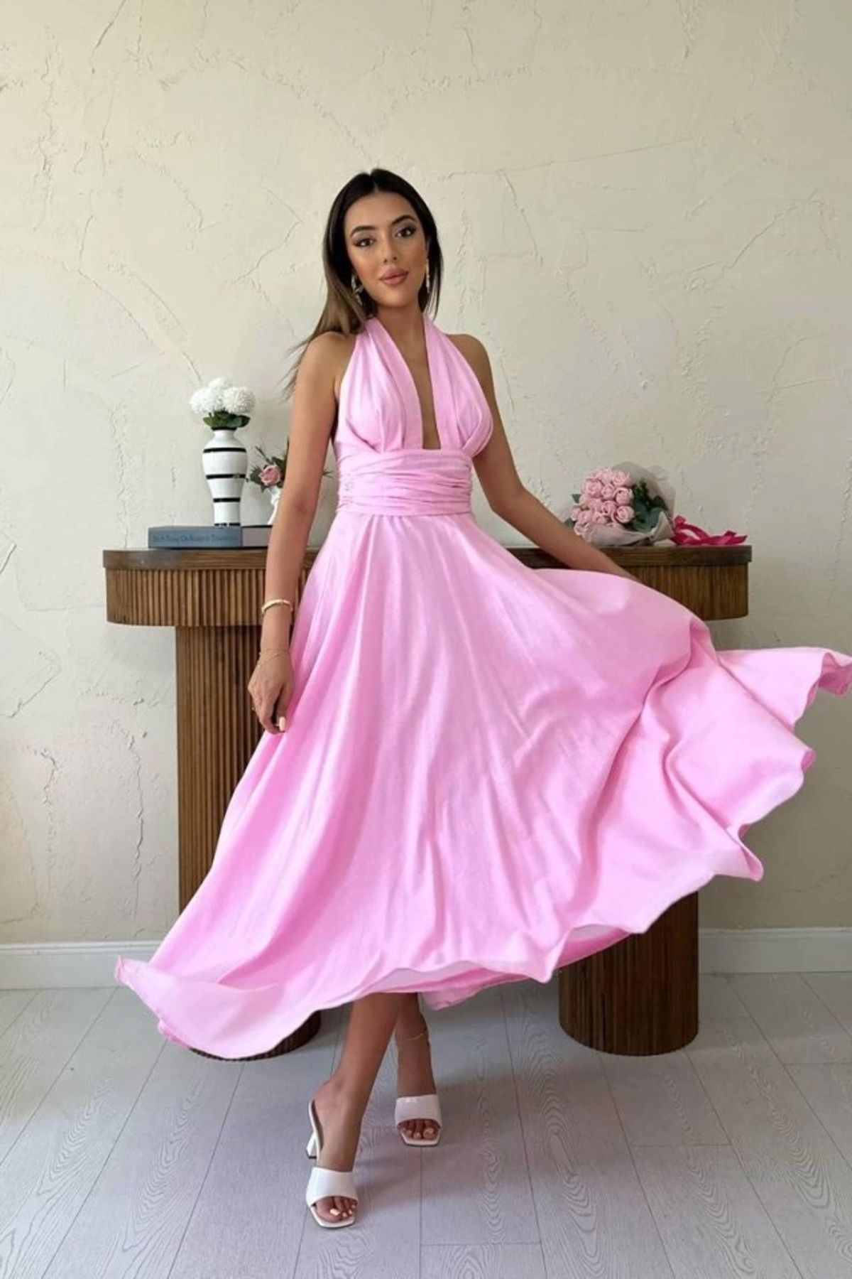 nedo7 Pembe Askılı Keten Elbise