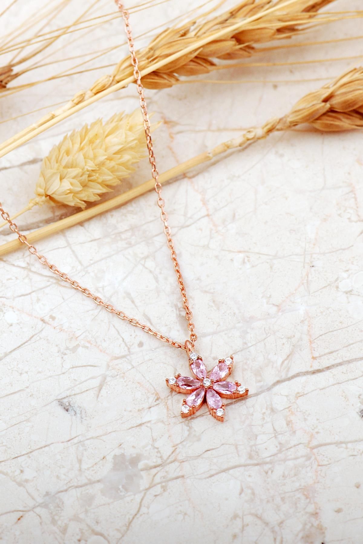 Sümer Telkari Pembe Taşlı Lotus Çiçeği Rose Kaplama Gümüş Kolye 8088