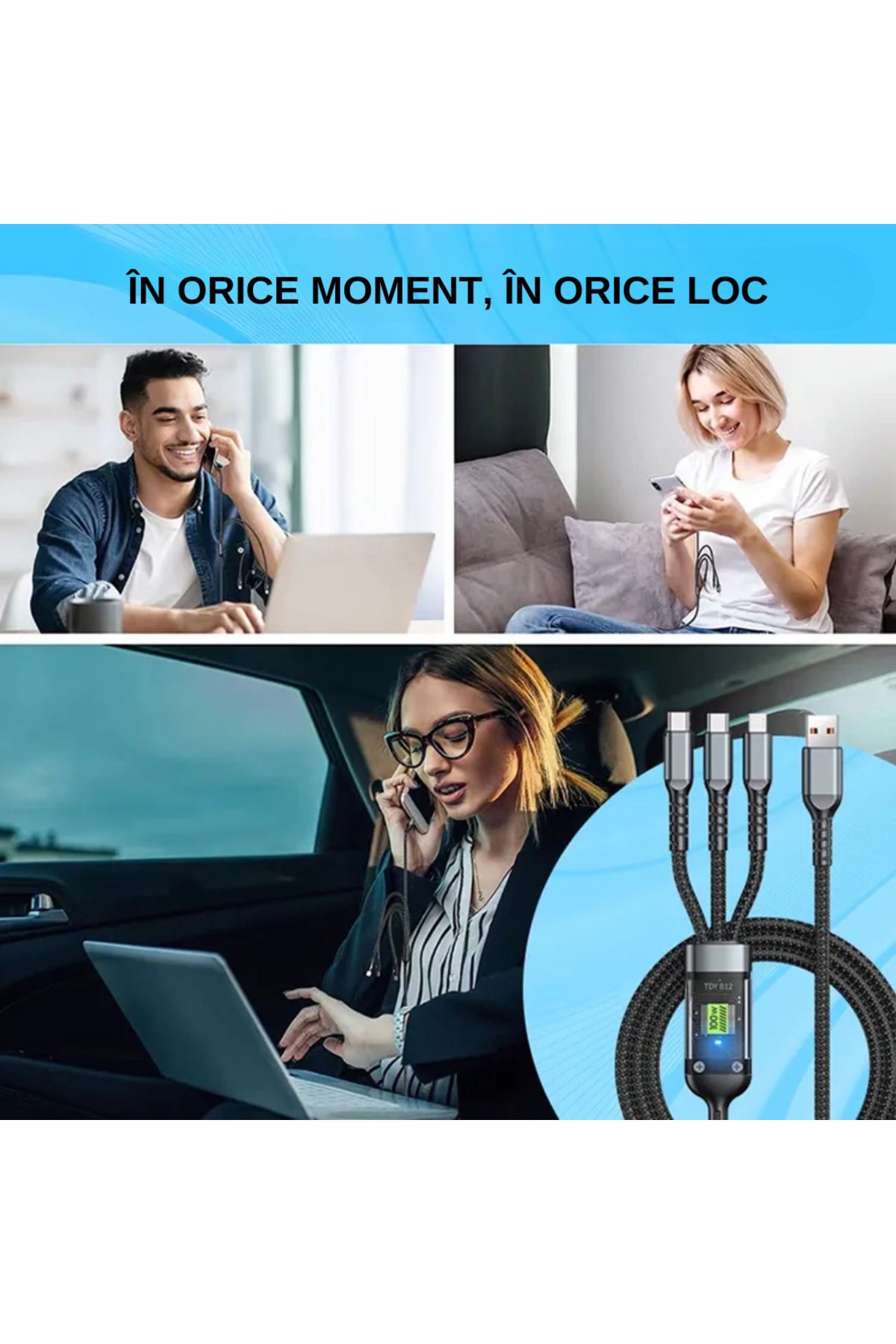 LUDORA-Cablu Super Fast Charging 100W, 6A USB, Type-C, Lighting iPhone, Macro-USB, 1.2 m 12