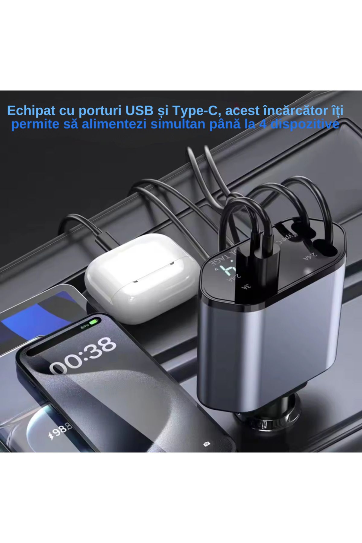 LUDORA-Incarcator Auto, Incarcare Rapida, Cablu de Date Tip-C 100W, iOS 20W si 2 Porturi USB 2.4A, Tip-C 3A 11
