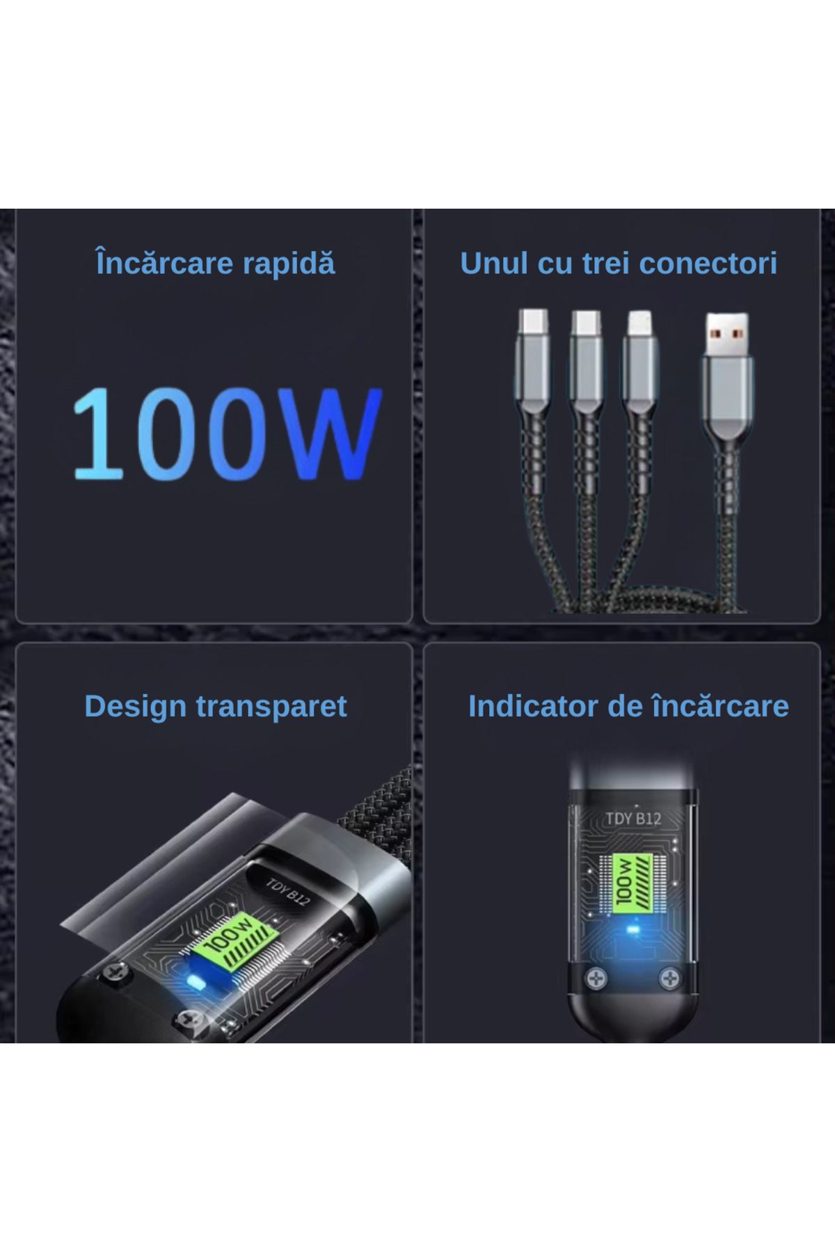 LUDORA-Cablu Super Fast Charging 100W, 6A USB, Type-C, Lighting iPhone, Macro-USB, 1.2 m 5