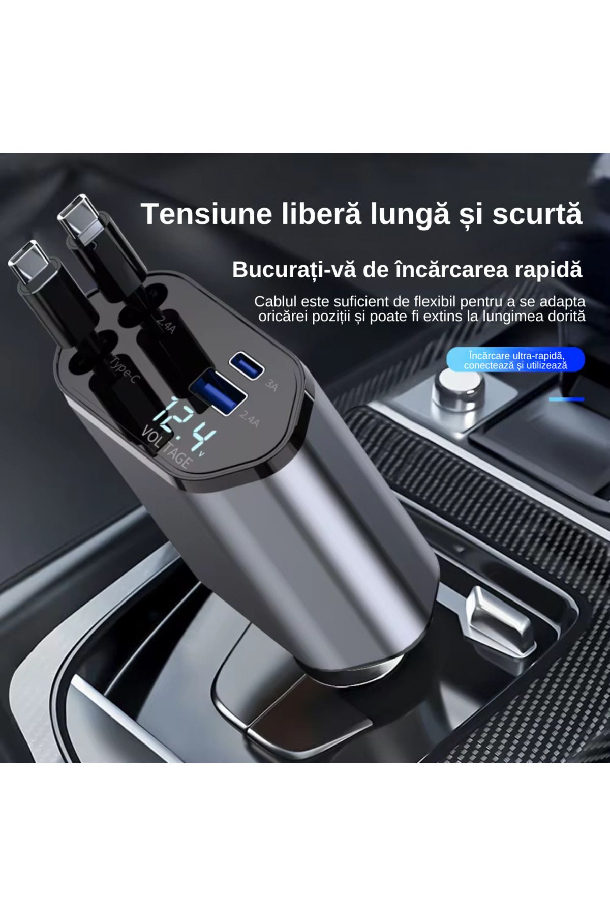 LUDORA-Incarcator Auto, Incarcare Rapida, Cablu de Date Tip-C 100W, iOS 20W si 2 Porturi USB 2.4A, Tip-C 3A 7