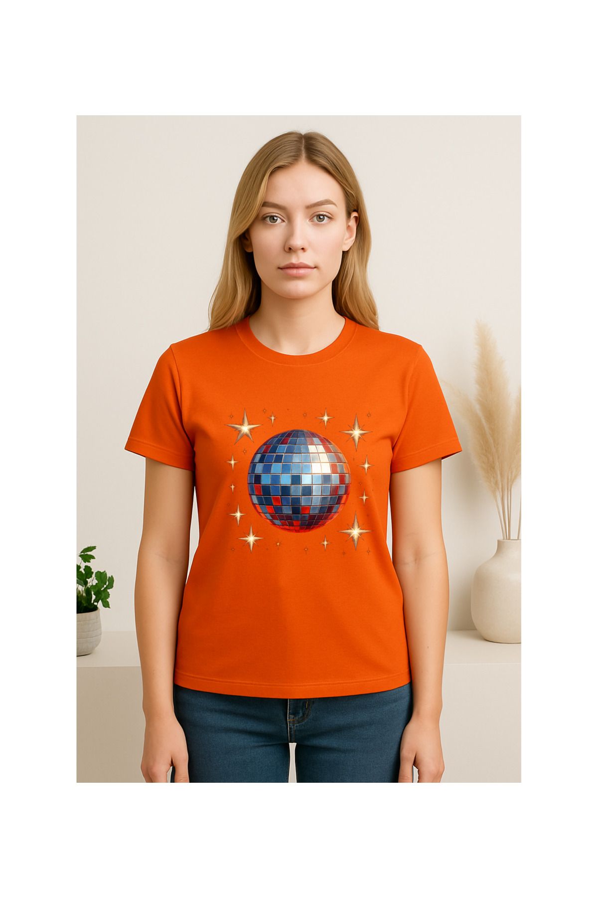MODA Kısa Kollu, Regular Kalıp, Disco Topu (Disco Ball) Desenli, Kadın Tshirt