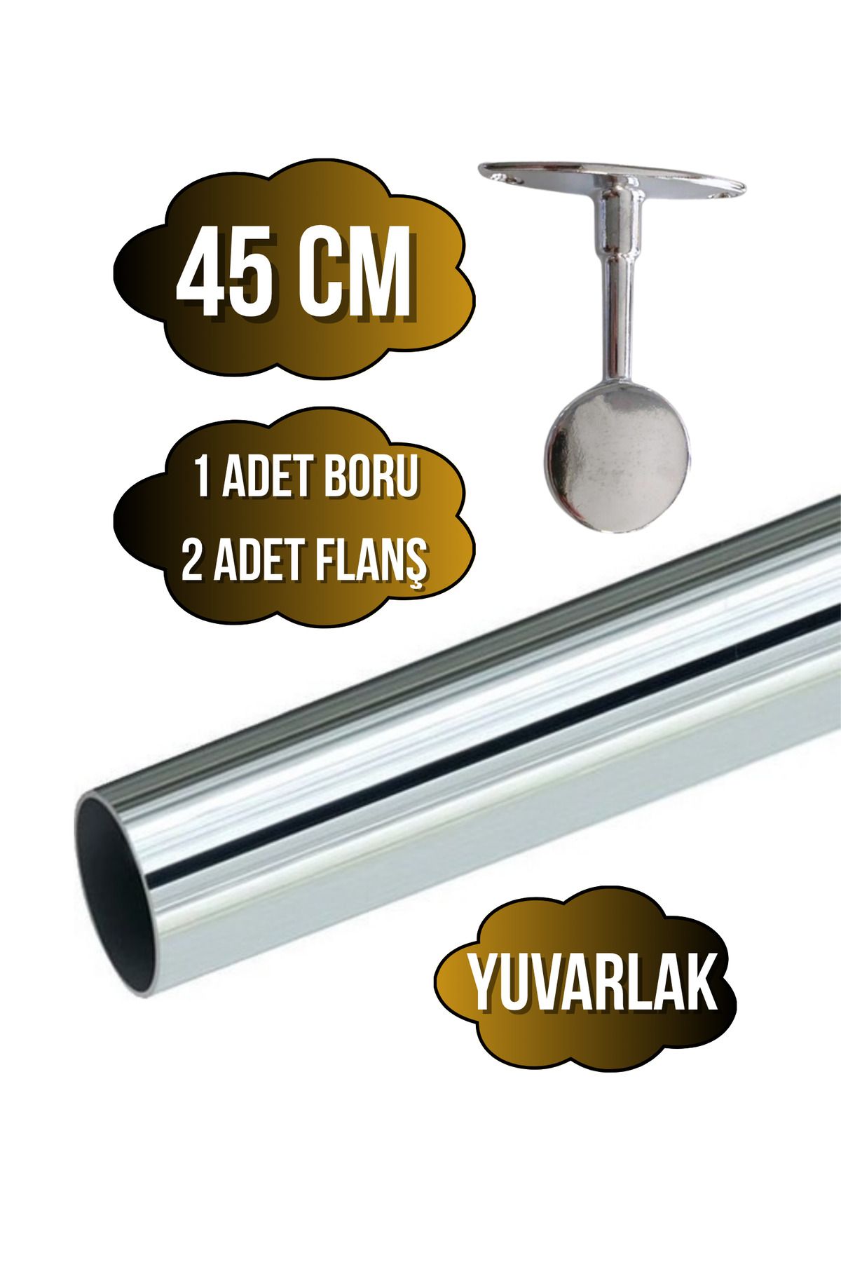 DSYapıAksesuar Metal Yuvarlak Krom Mobilya Askı Borusu(45CM)(2 ADET AYAKLI KAPALI FLANŞ-1 ADET BORU)(ÇAP:25MM)