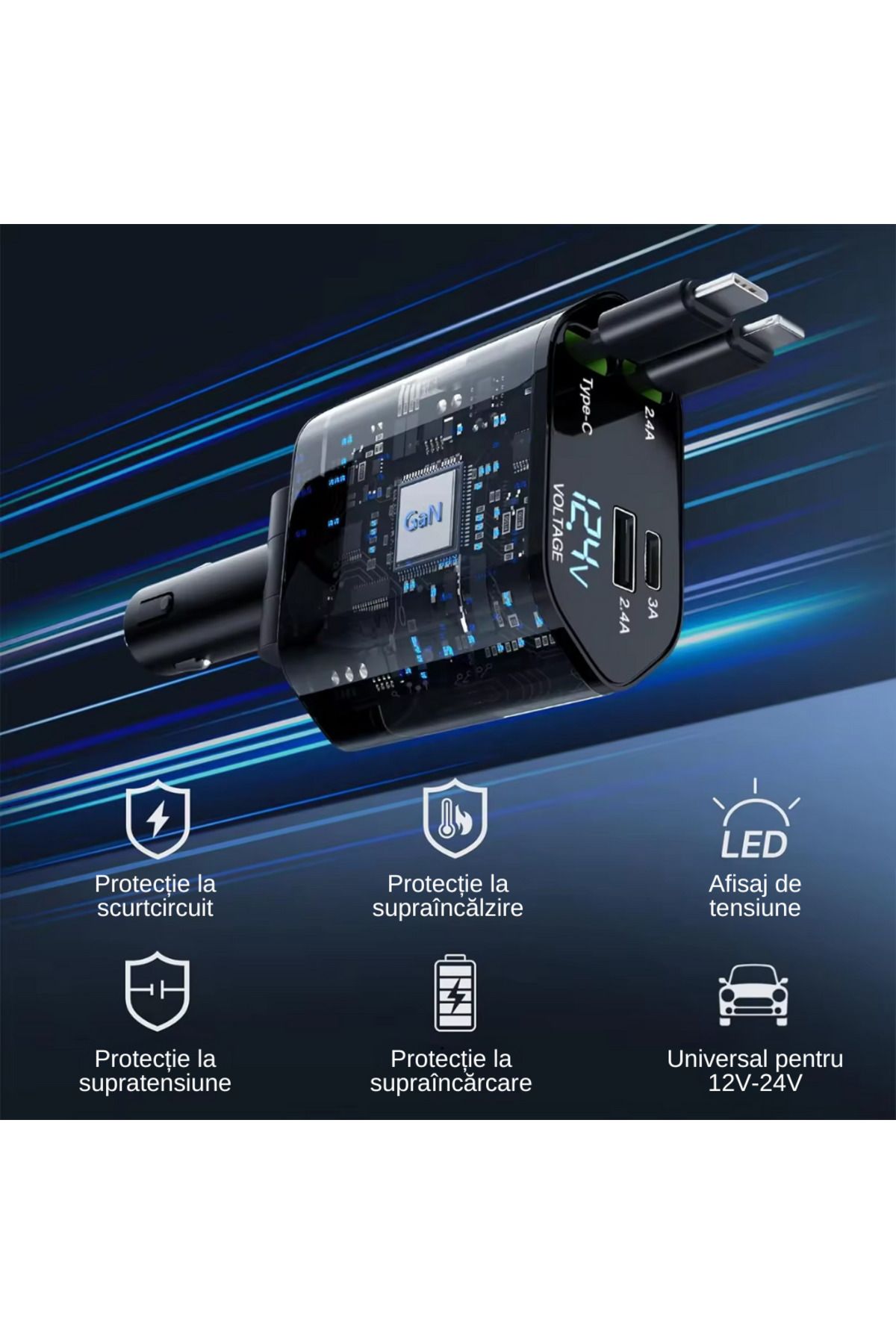 LUDORA-Incarcator Auto, Incarcare Rapida, Cablu de Date Tip-C 100W, iOS 20W si 2 Porturi USB 2.4A, Tip-C 3A 4