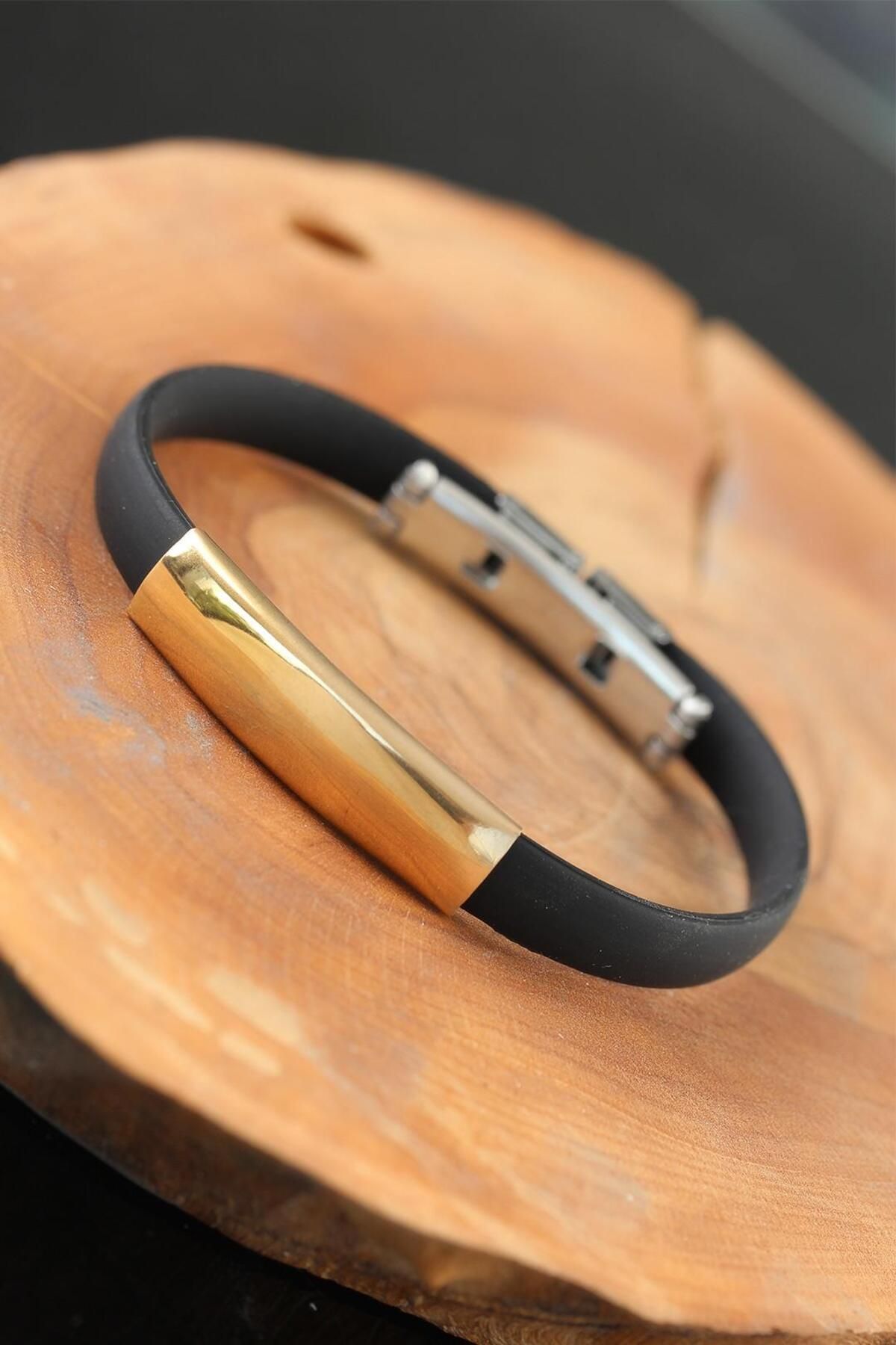 MR RZN STORE Gold Renk Metal Tasarım Siyah Renk Silikon Erkek Bileklik - Lisinya