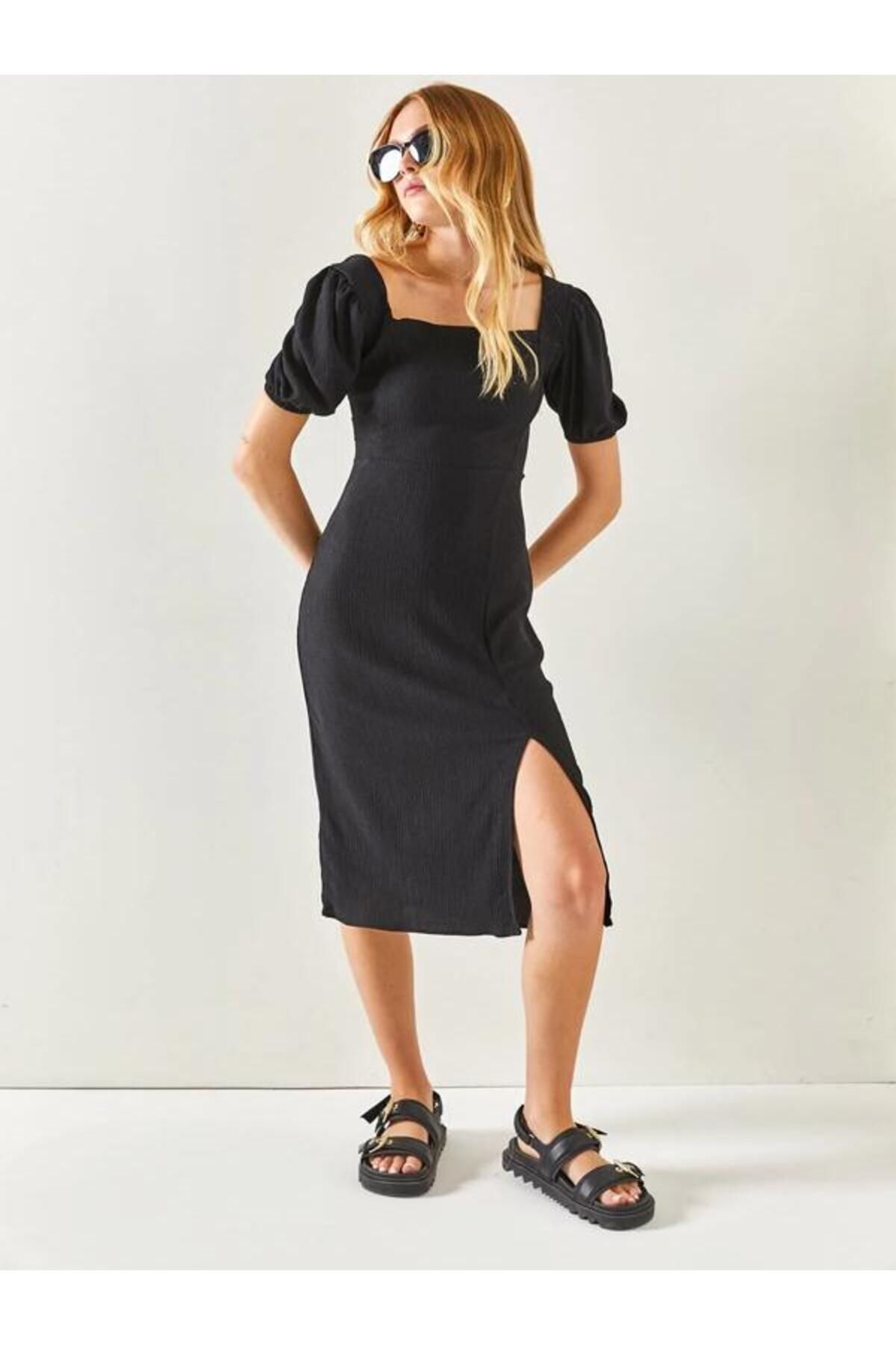 cuteliay butik Siyah Bağcıklı Sırt Dekolteli Kare Yaka Yırtmaçlı Midi Elbise
