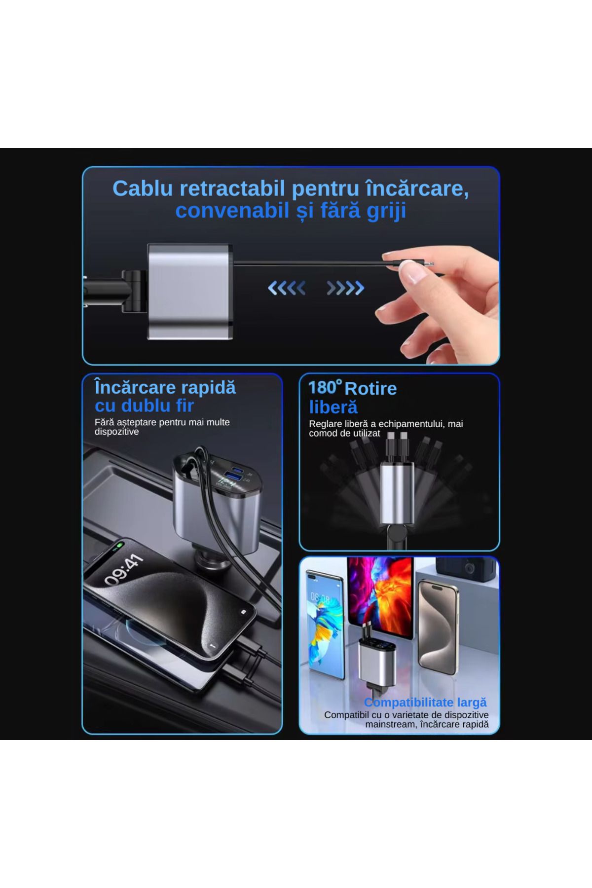 LUDORA-Incarcator Auto, Incarcare Rapida, Cablu de Date Tip-C 100W, iOS 20W si 2 Porturi USB 2.4A, Tip-C 3A 9