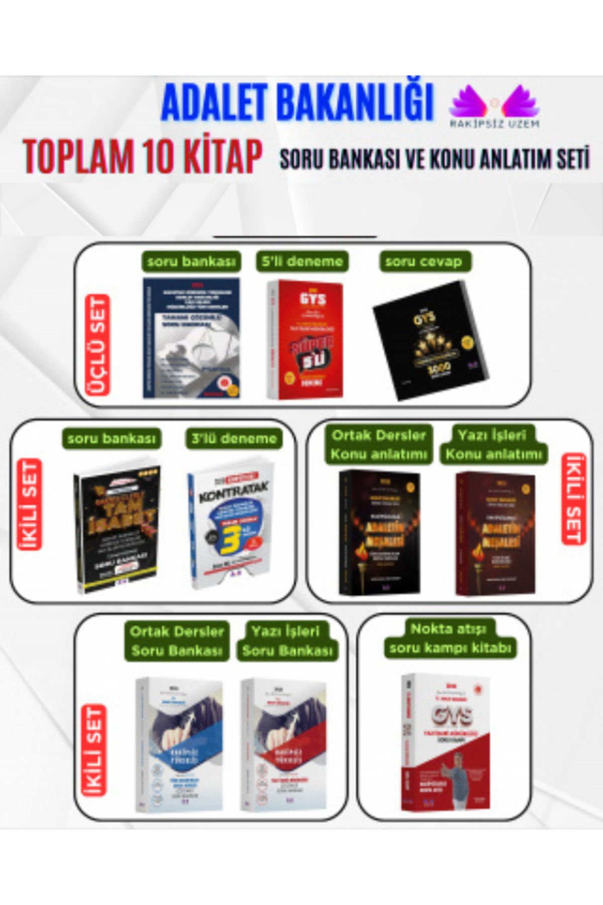 Rakipsiz UZEM ADALET BAKANLIĞI TOPLAM 10 KİTAP SORU BANKASI VE KONU ANLATIM SETİ