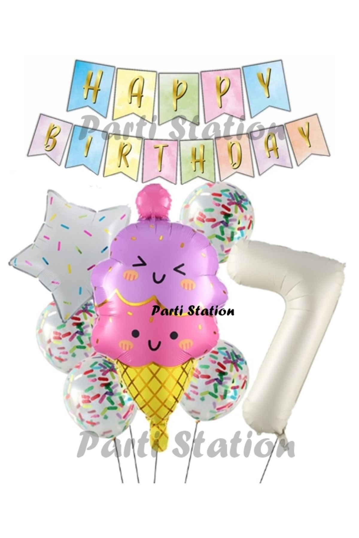 Partifest İce Cream Dondurma Konsept Doğum Günü 7 Yaş Balon Set Yaz Tema Sevimli Dondurma Folyo Balon Set