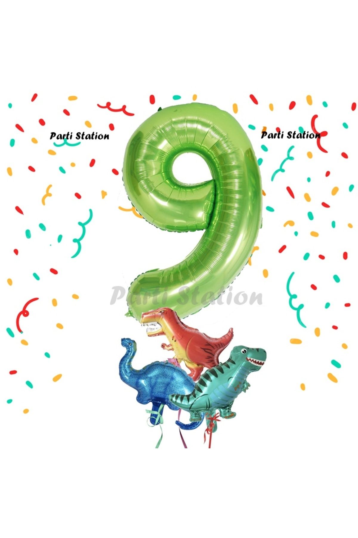 Partifest Yeşil Renk Rakam Balonlu Küçük Boy Dinozor Balonlu 9 Yaş Dinozor Konsept Doğum Günü Parti Balon Set